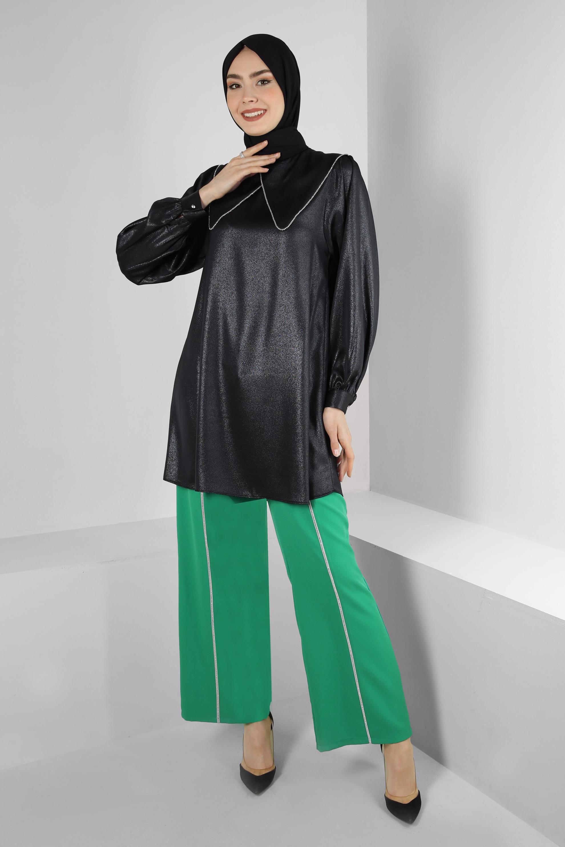 Tesettür giyim YEŞİL ŞERİT DETAYLI GENİŞ PAÇA PANTOLON 70530