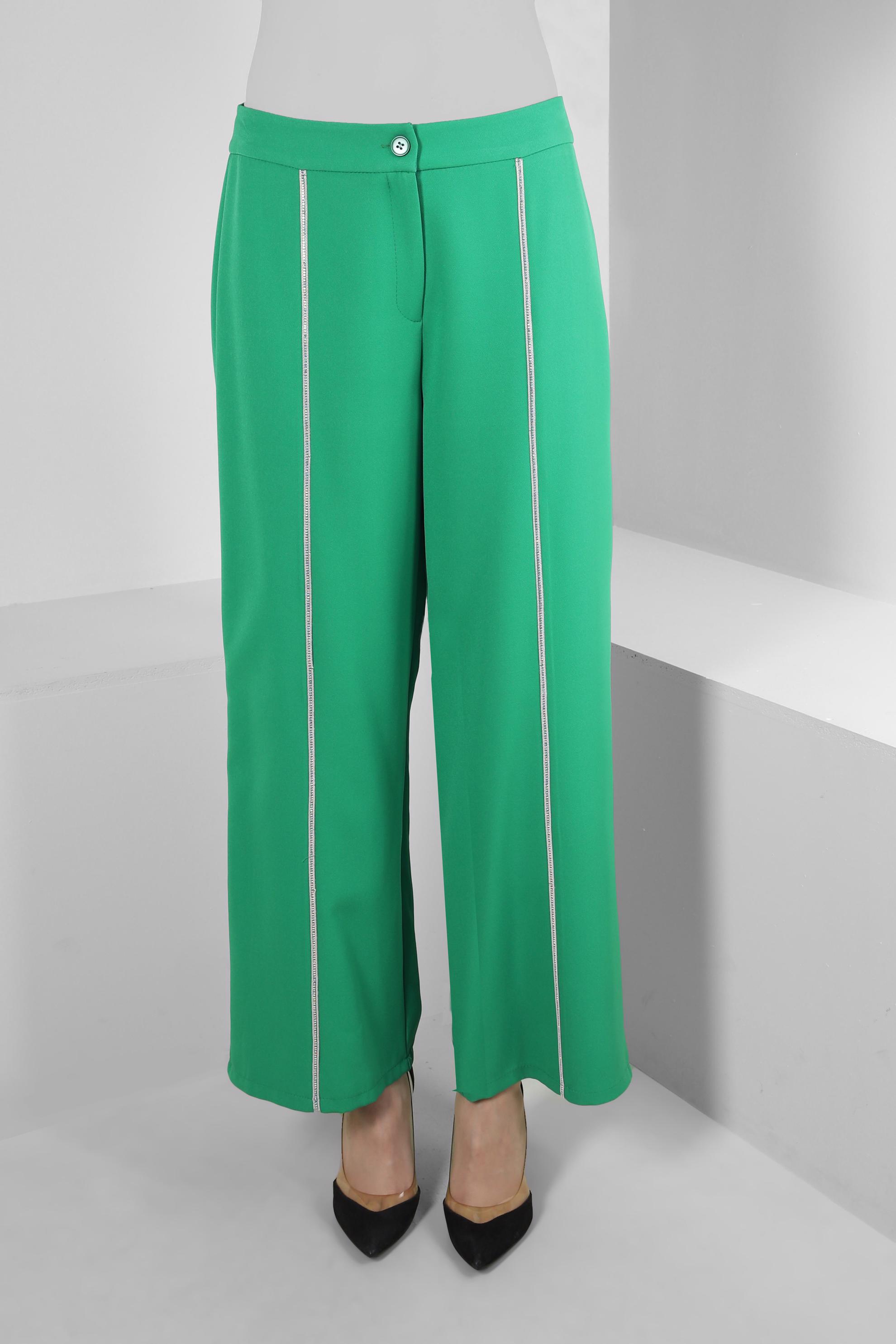 Tesettür giyim YEŞİL ŞERİT DETAYLI GENİŞ PAÇA PANTOLON 70530
