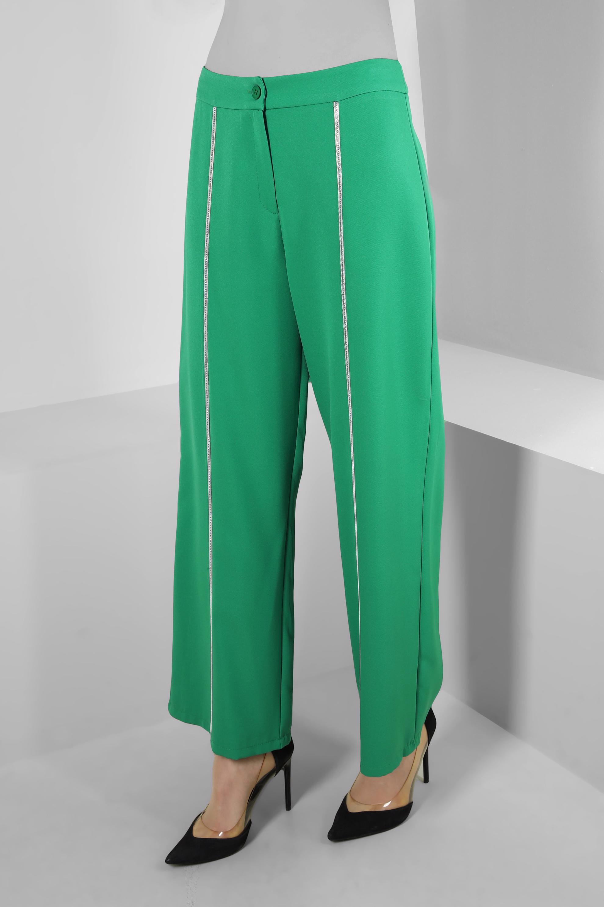 Tesettür giyim YEŞİL ŞERİT DETAYLI GENİŞ PAÇA PANTOLON 70530