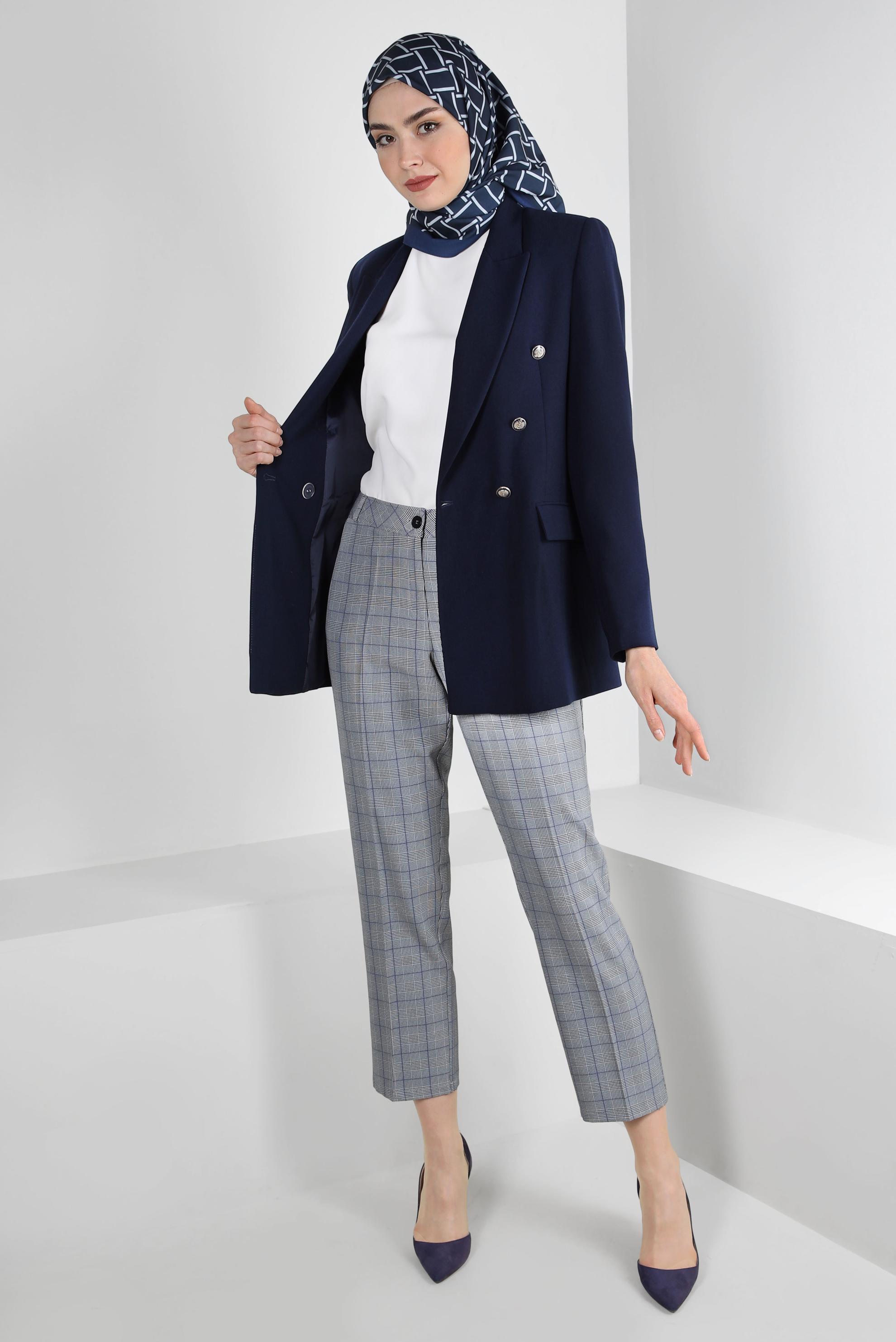 Tesettür giyim SİYAH EKOSE DESENLİ KLASİK PANTOLON 70531-1