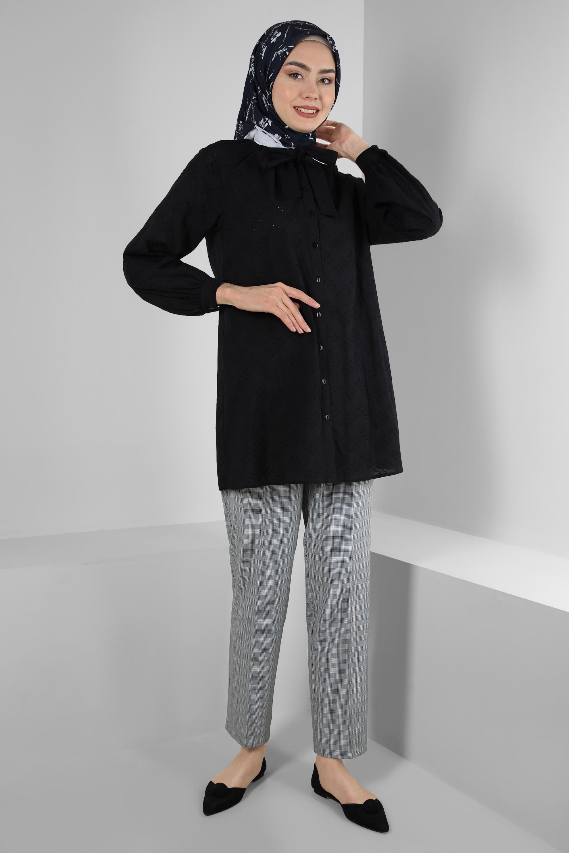 Tesettür giyim SİYAH EKOSE DESENLİ KLASİK PANTOLON 70531