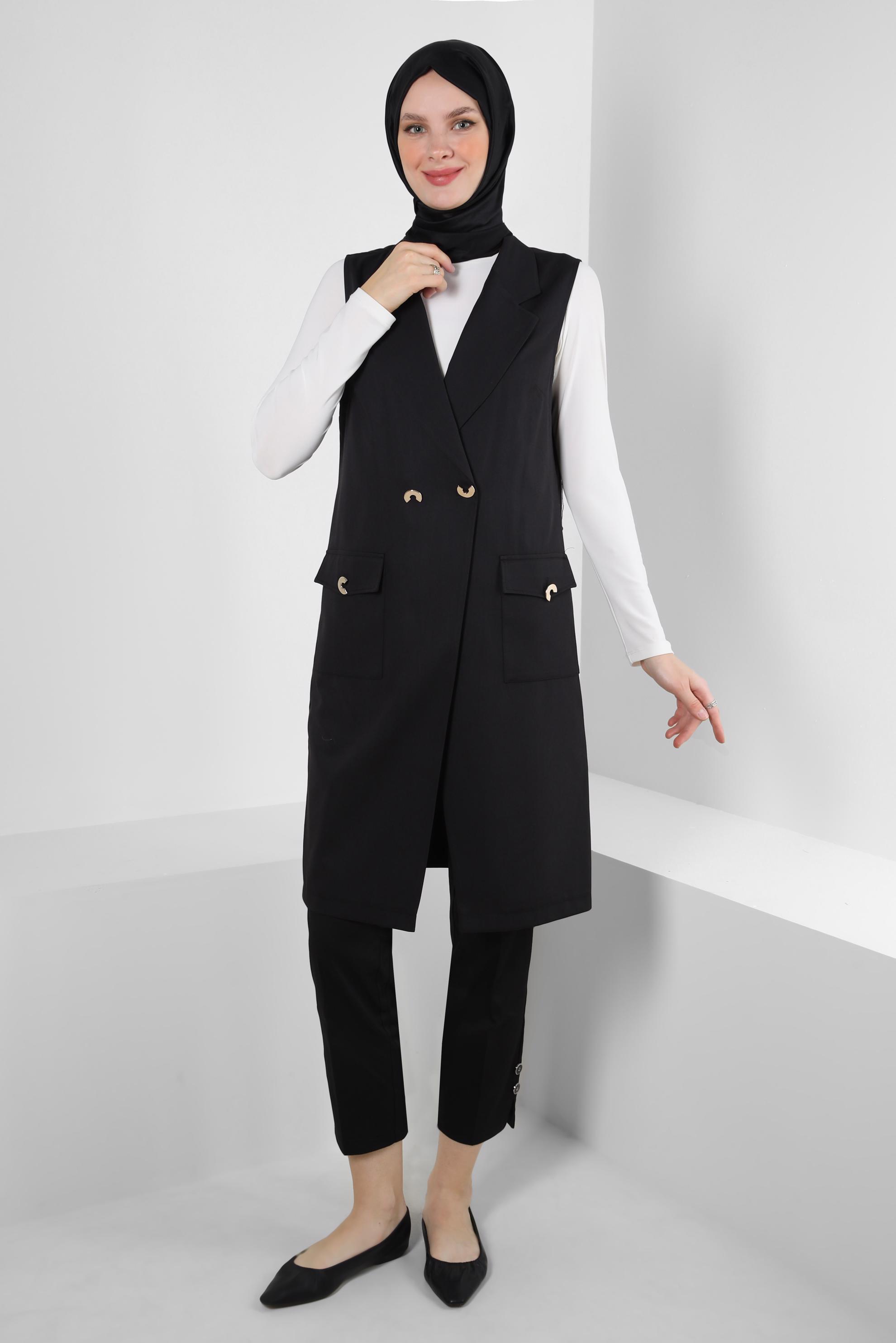 Tesettür giyim SİYAH DÜĞME DETAYLI YÜKSEK BEL PANTOLON 70533-1