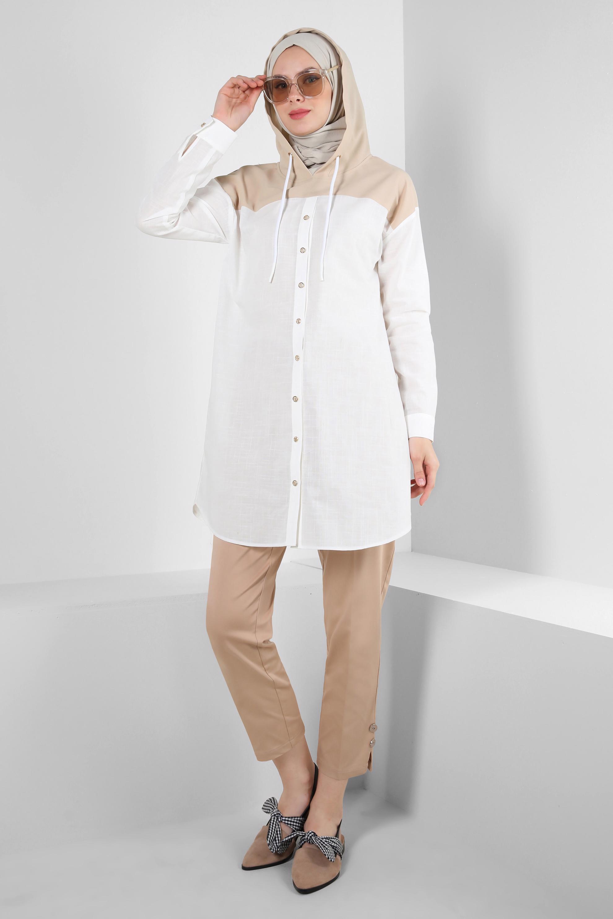 Tesettür giyim BEJ DÜĞME DETAYLI YÜKSEK BEL PANTOLON 70533-1