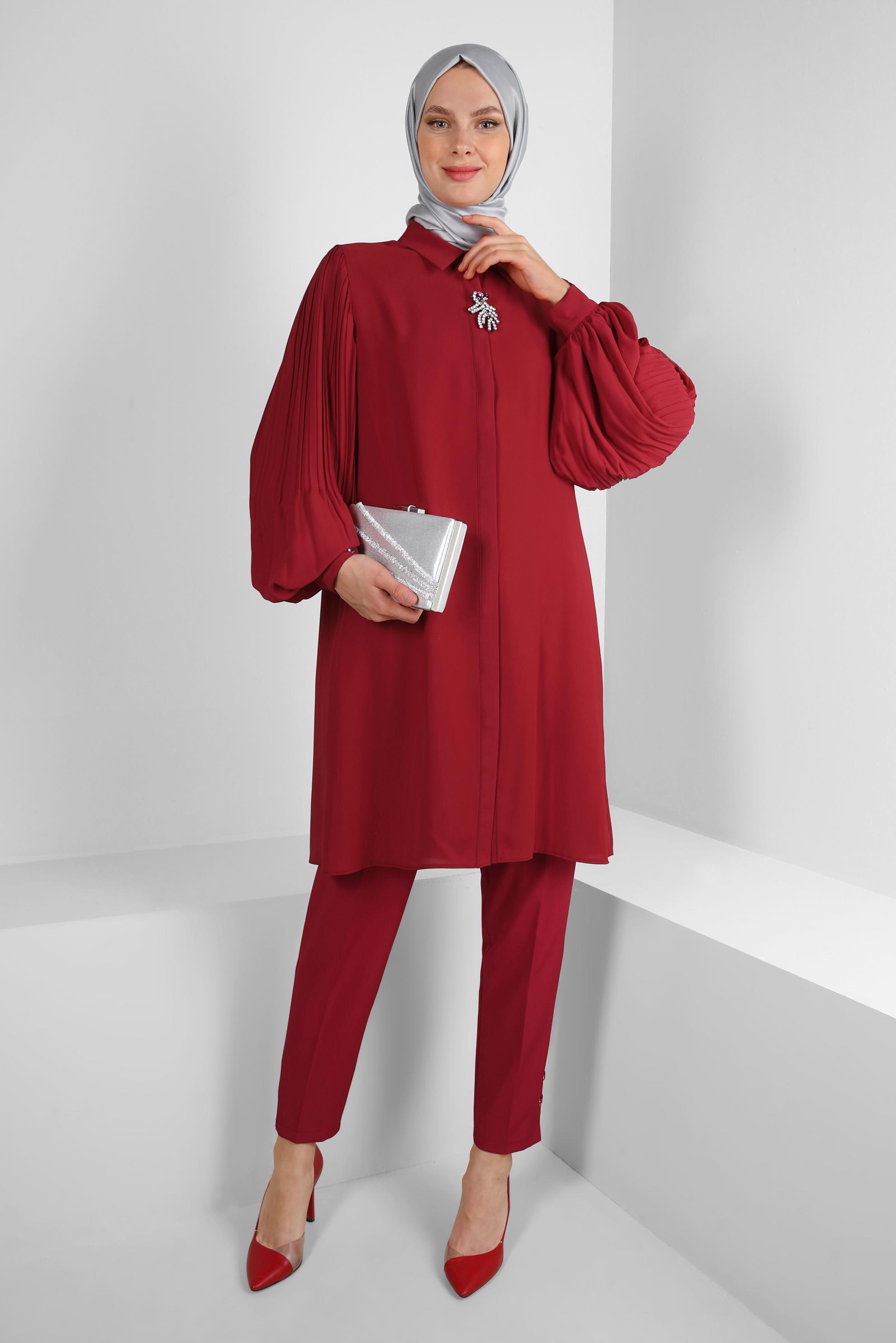 Tesettür giyim KIRMIZI DAR PAÇA KLASİK PANTOLON 70538