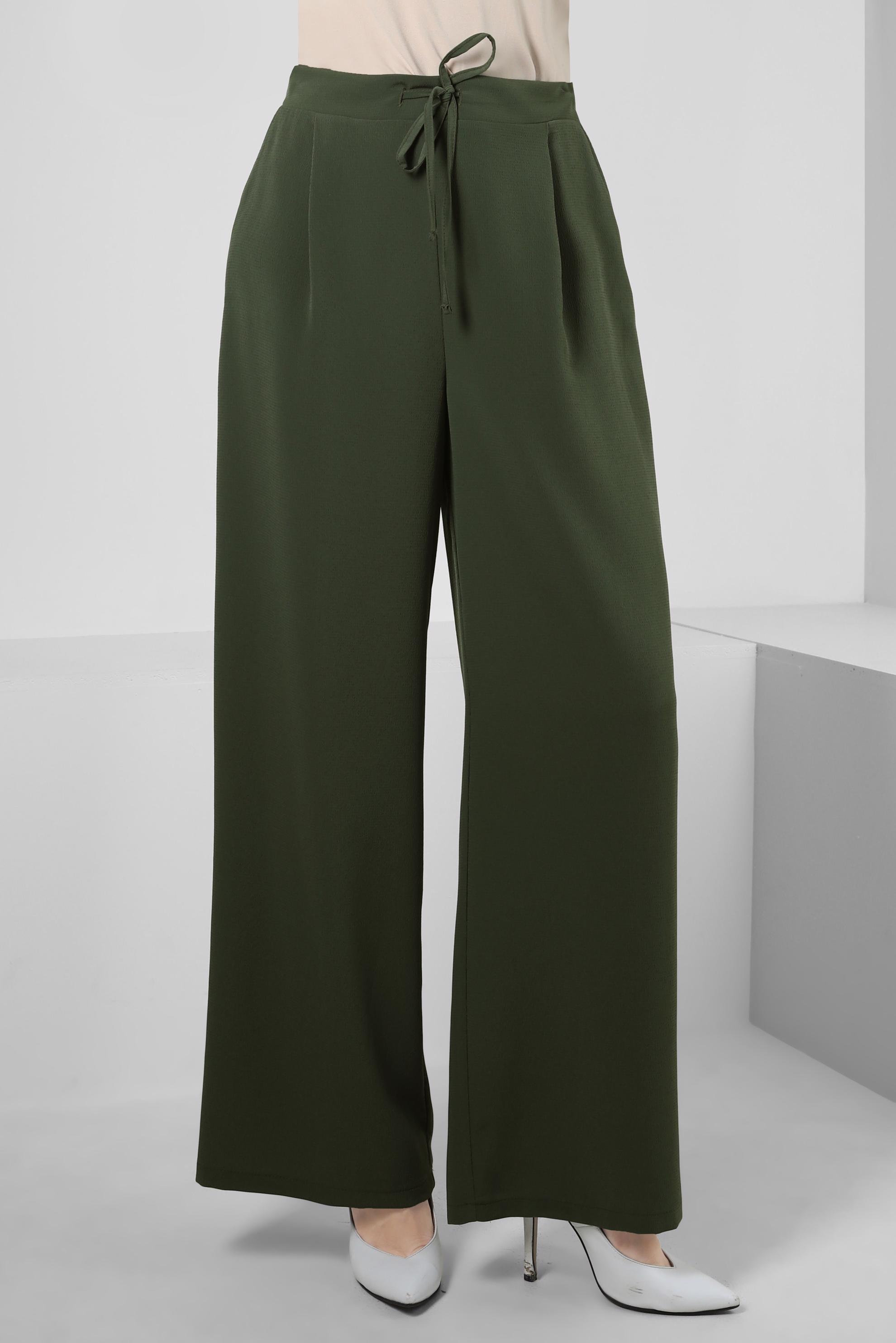 Tesettür giyim HAKİ GENİŞ PAÇA BELİ LASTİKLİ PANTOLON 70539