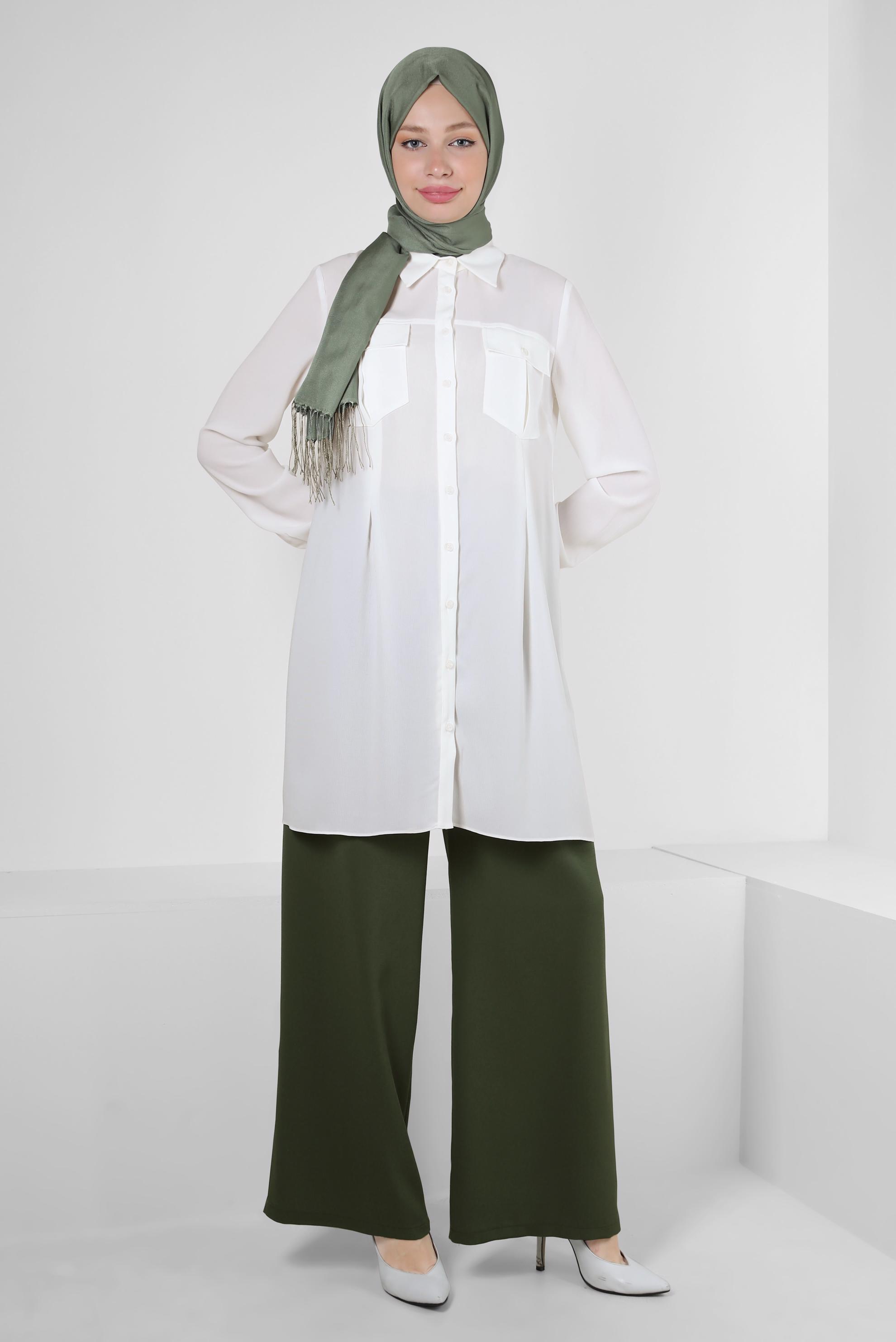 Tesettür giyim HAKİ GENİŞ PAÇA BELİ LASTİKLİ PANTOLON 70539