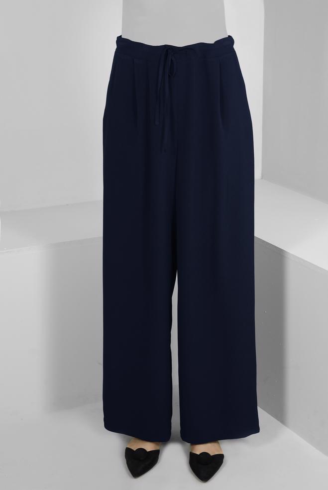 Tesettür giyim LACİVERT GENİŞ PAÇA BELİ LASTİKLİ PANTOLON 70539 - ALVİNA