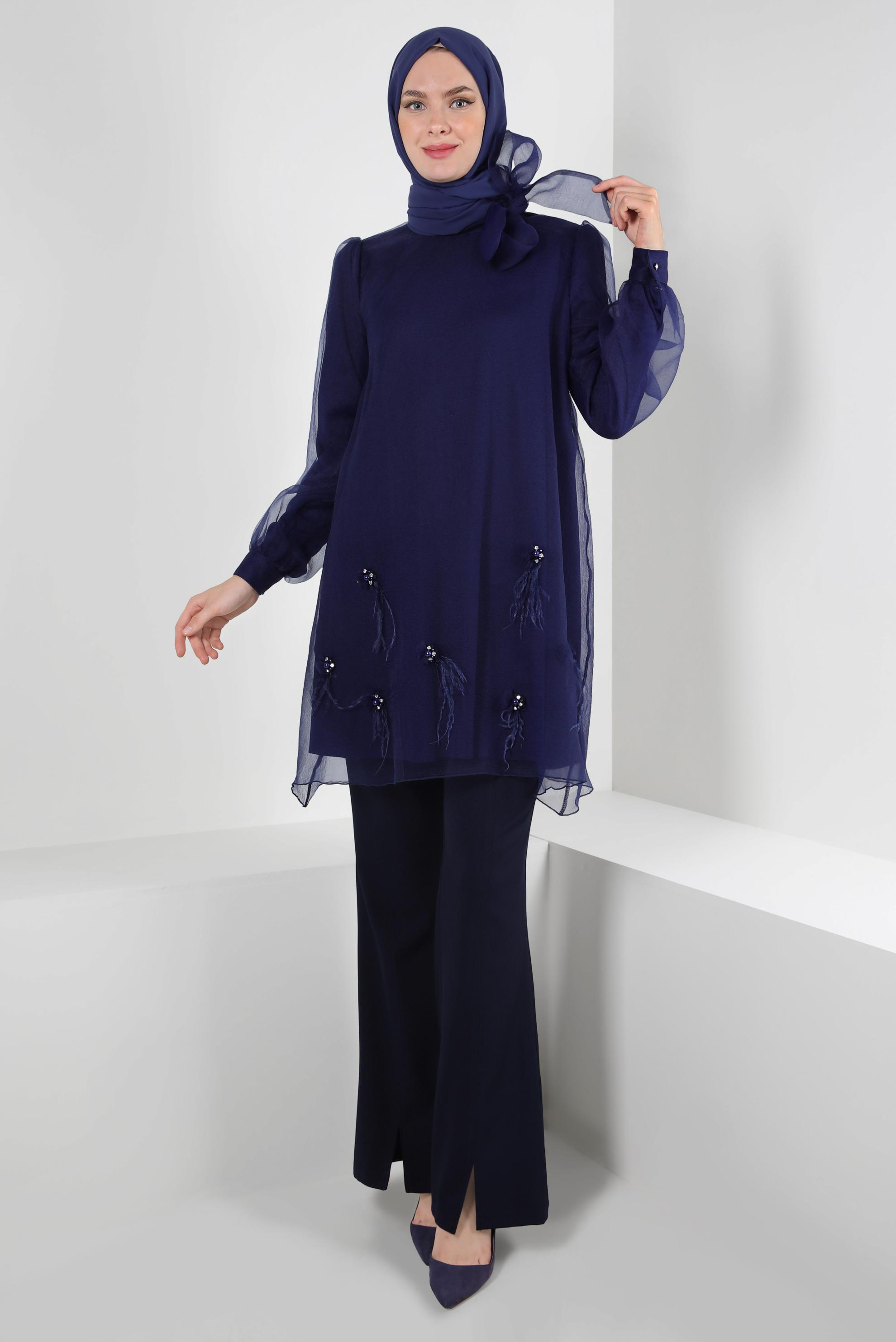 Tesettür giyim LACİVERT ÖNÜ YIRTMAÇLI İSPANYOL PAÇA PANTOLON 70540