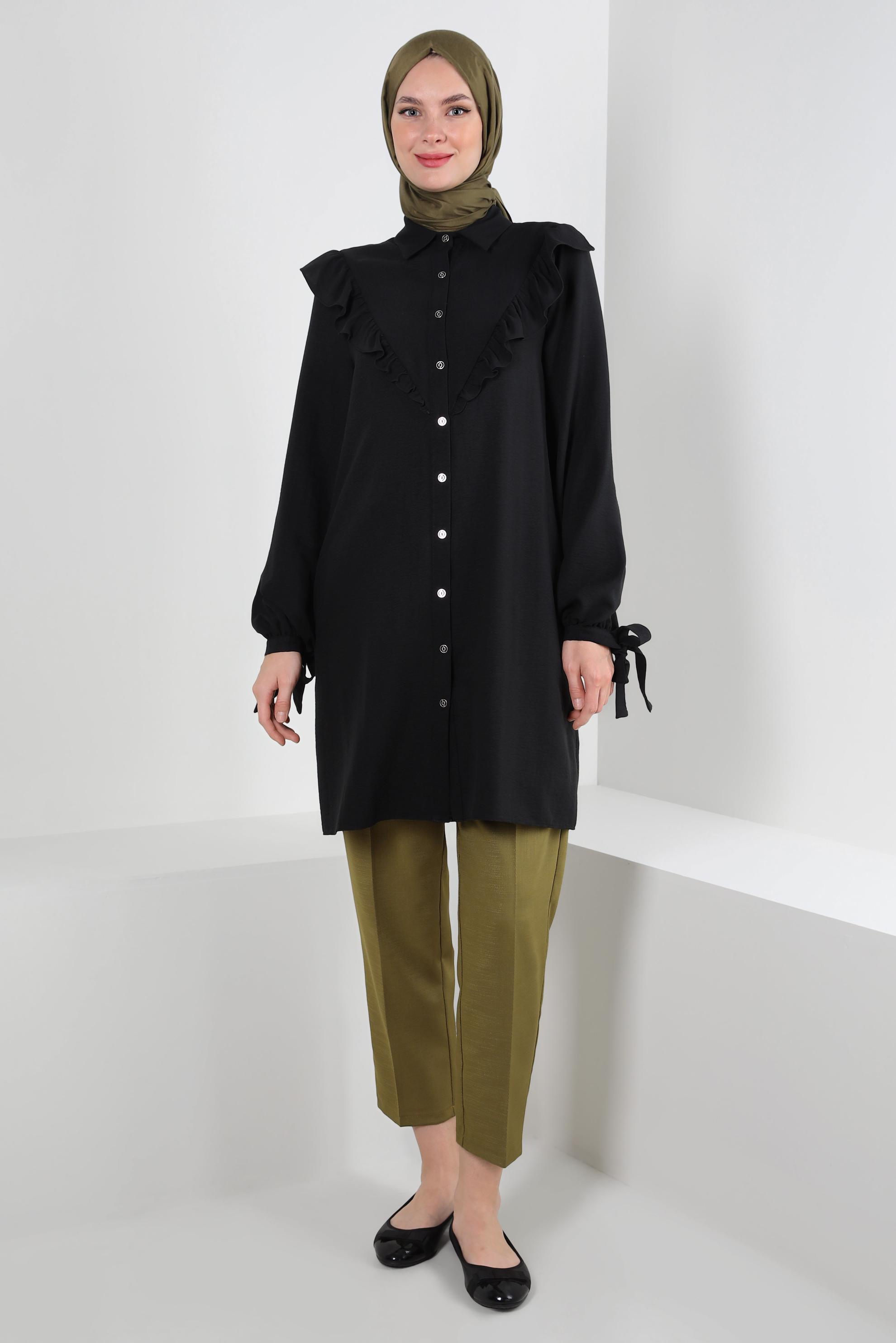 Tesettür giyim YEŞİL BELİ LASTİKLİ YÜKSEK BEL PANTOLON 70543