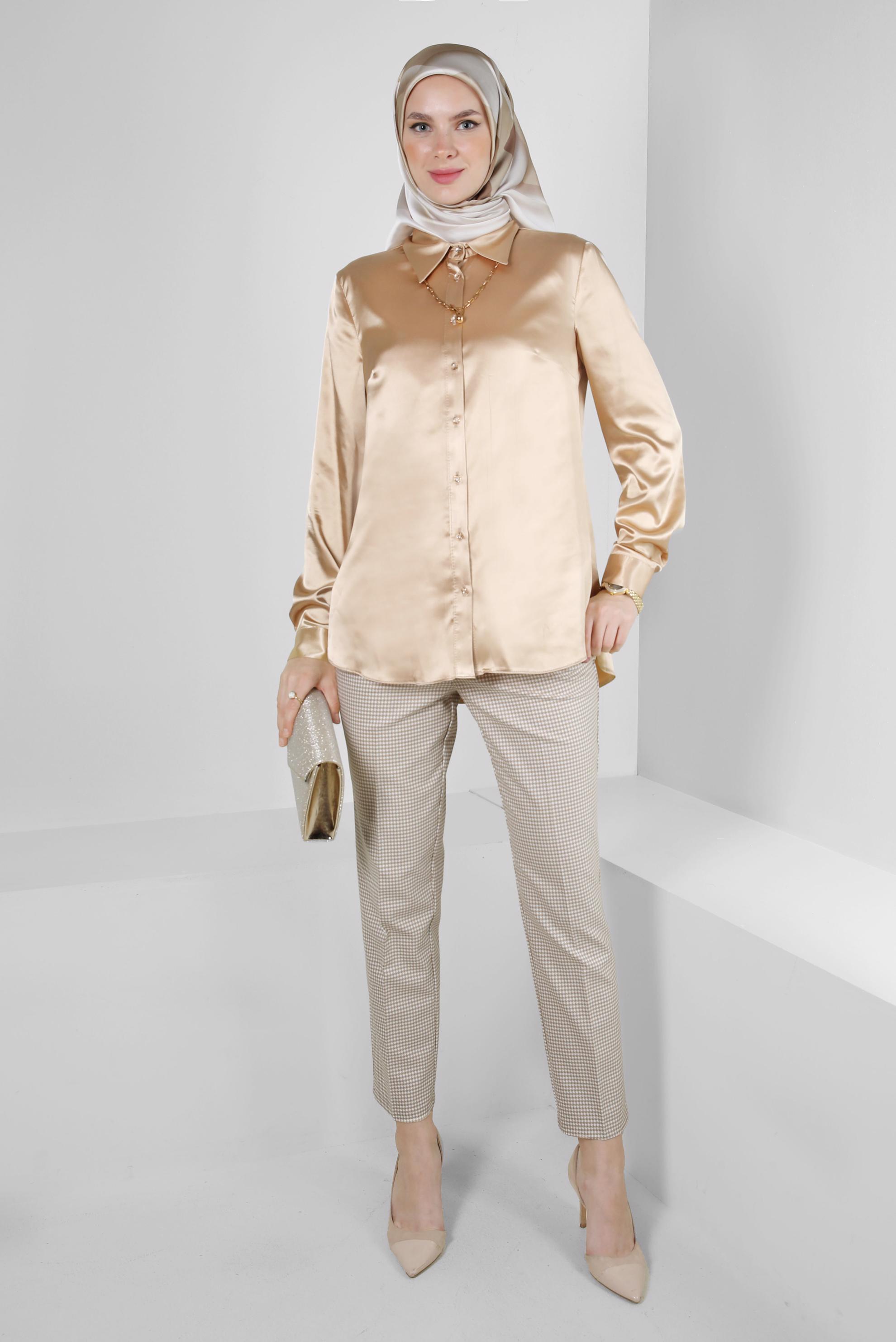 Tesettür giyim BEJ KAZAYAĞI DESENLİ DAR PAÇA PANTOLON 70547