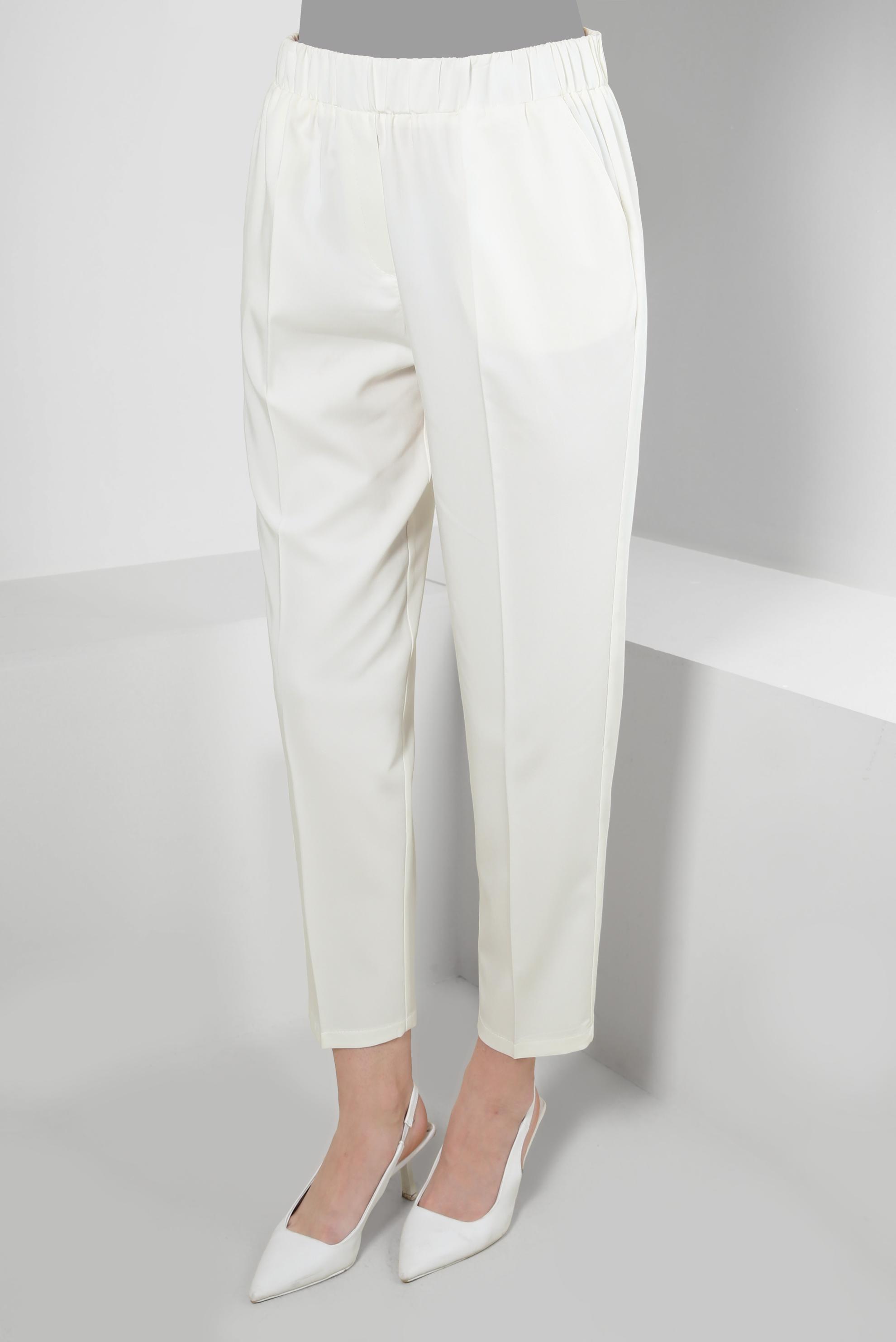 Tesettür giyim BEYAZ BELİ LASTİKLİ HAVUÇ KESİM PANTOLON 70548