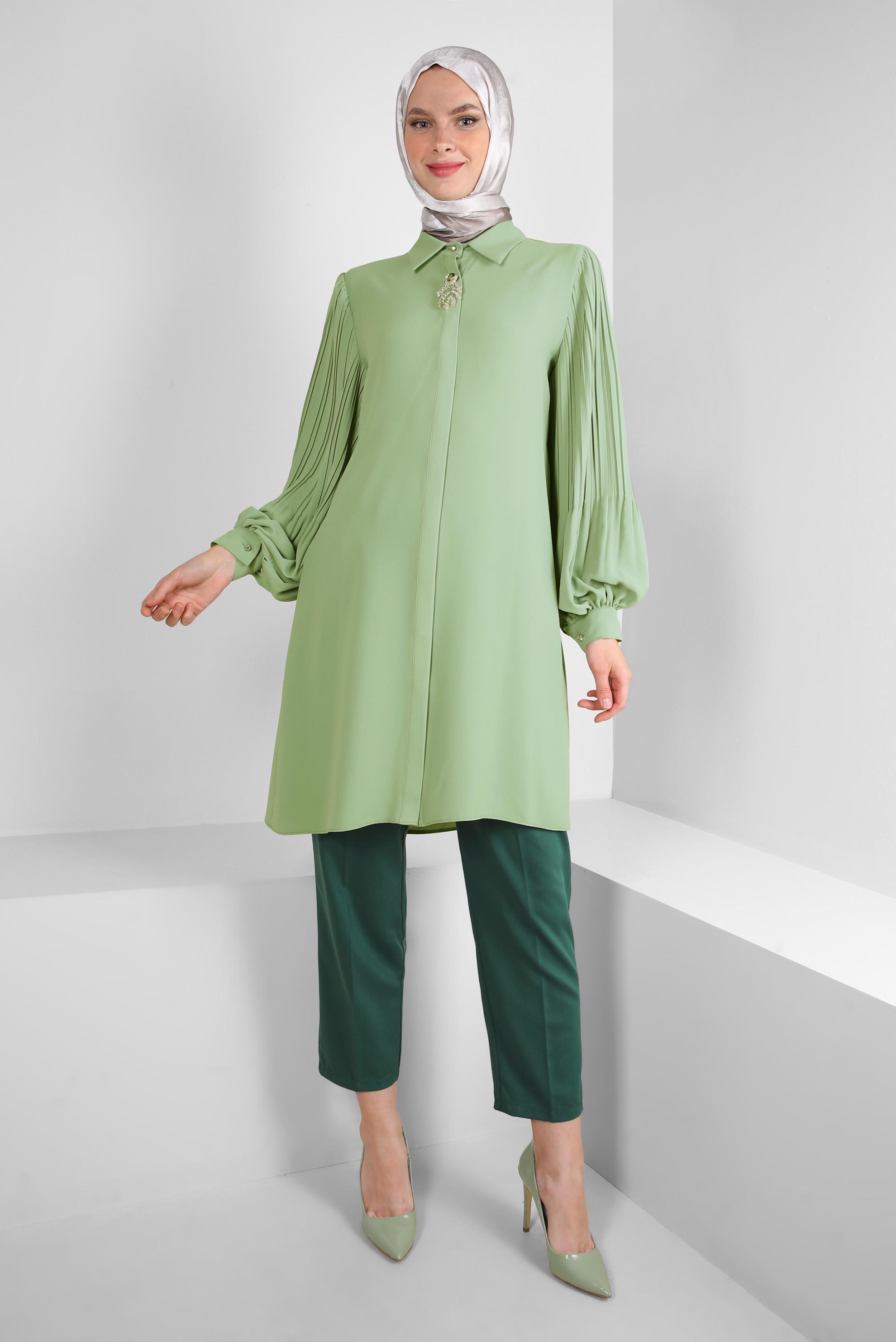 Tesettür giyim YEŞİL BELİ LASTİKLİ HAVUÇ KESİM PANTOLON 70548