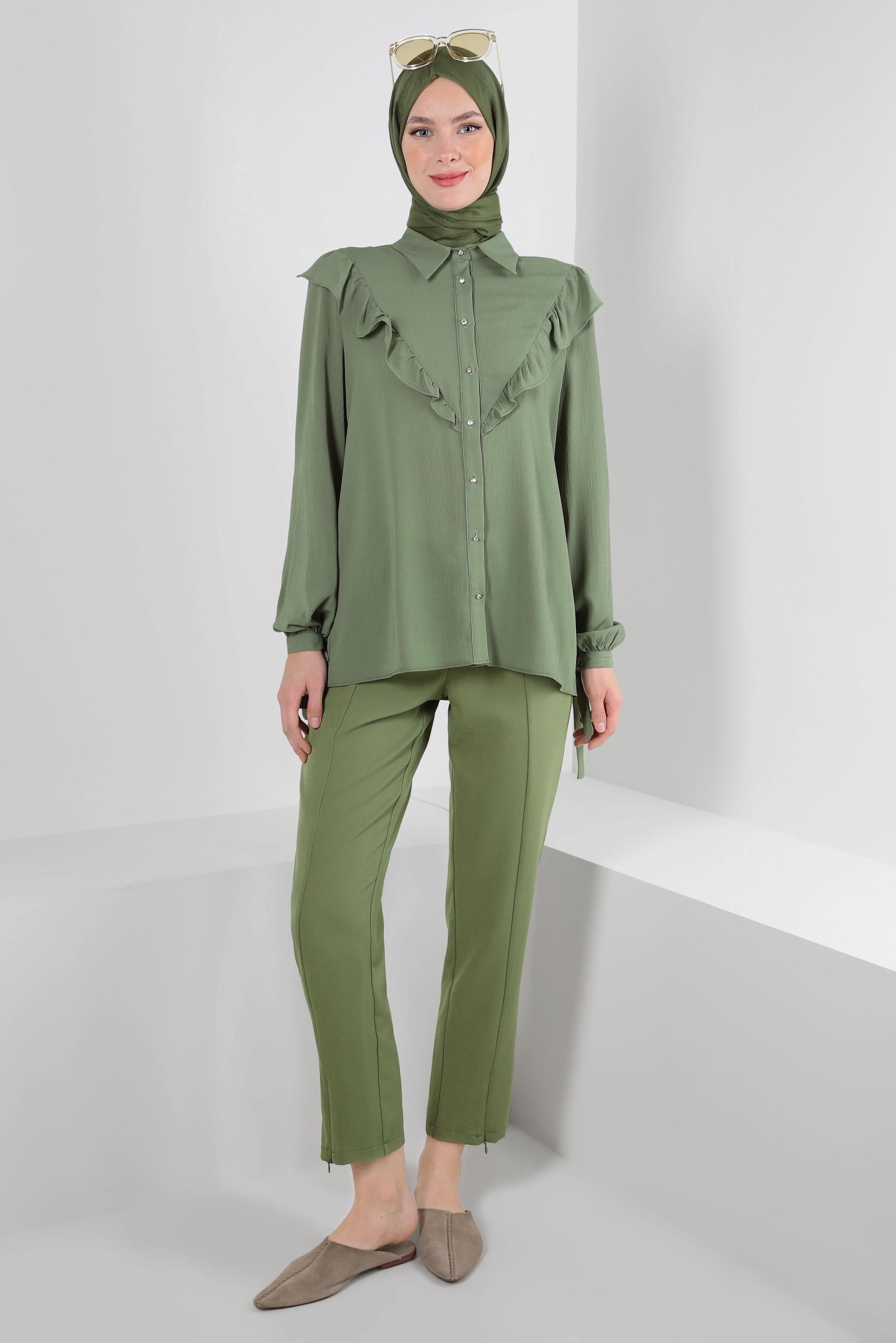 Tesettür giyim YEŞİL FERMUAR DETAYLI KLASİK PANTOLON 70549