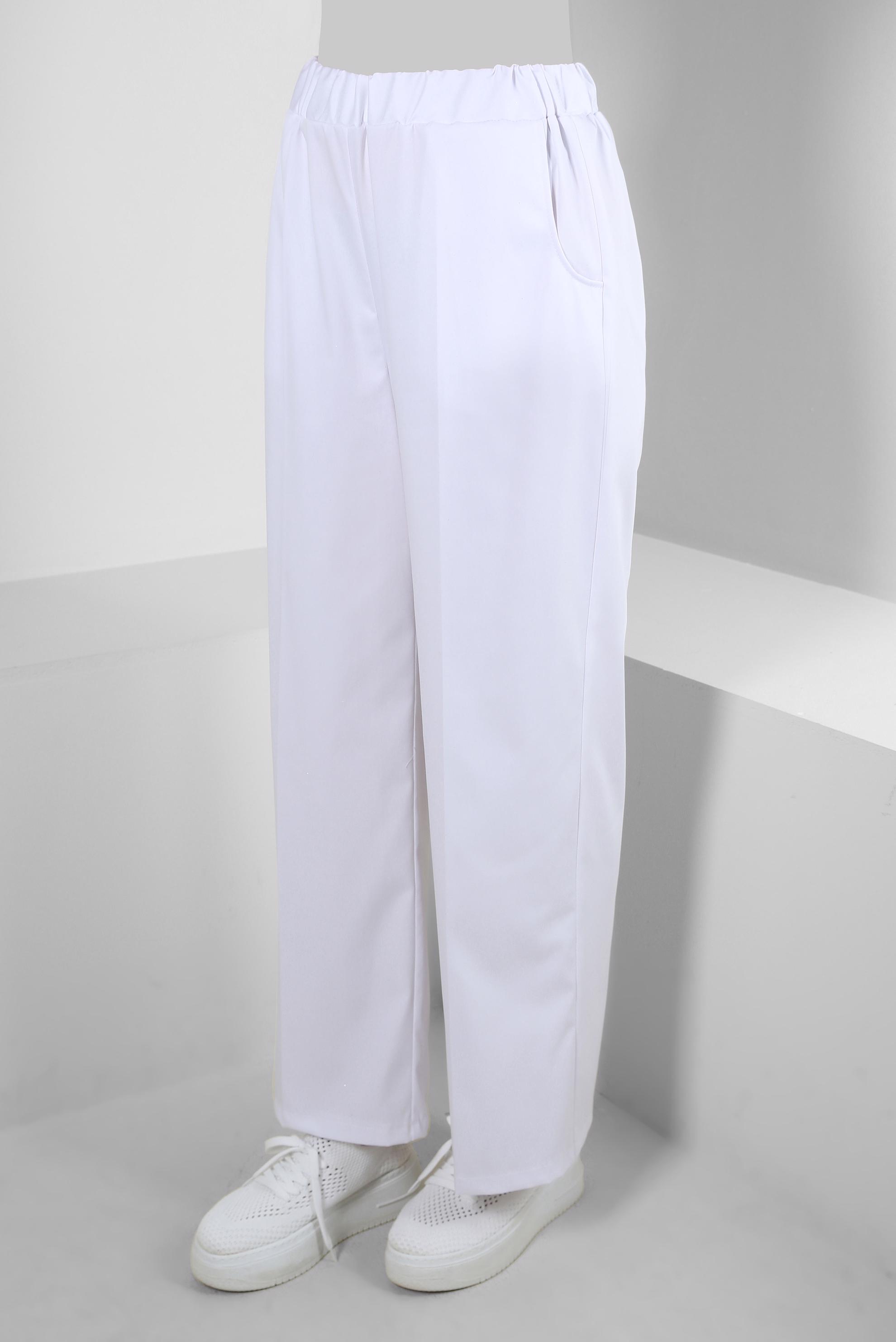Tesettür giyim BEYAZ BELİ LASTİKLİ GENİŞ PAÇA PANTOLON 70554