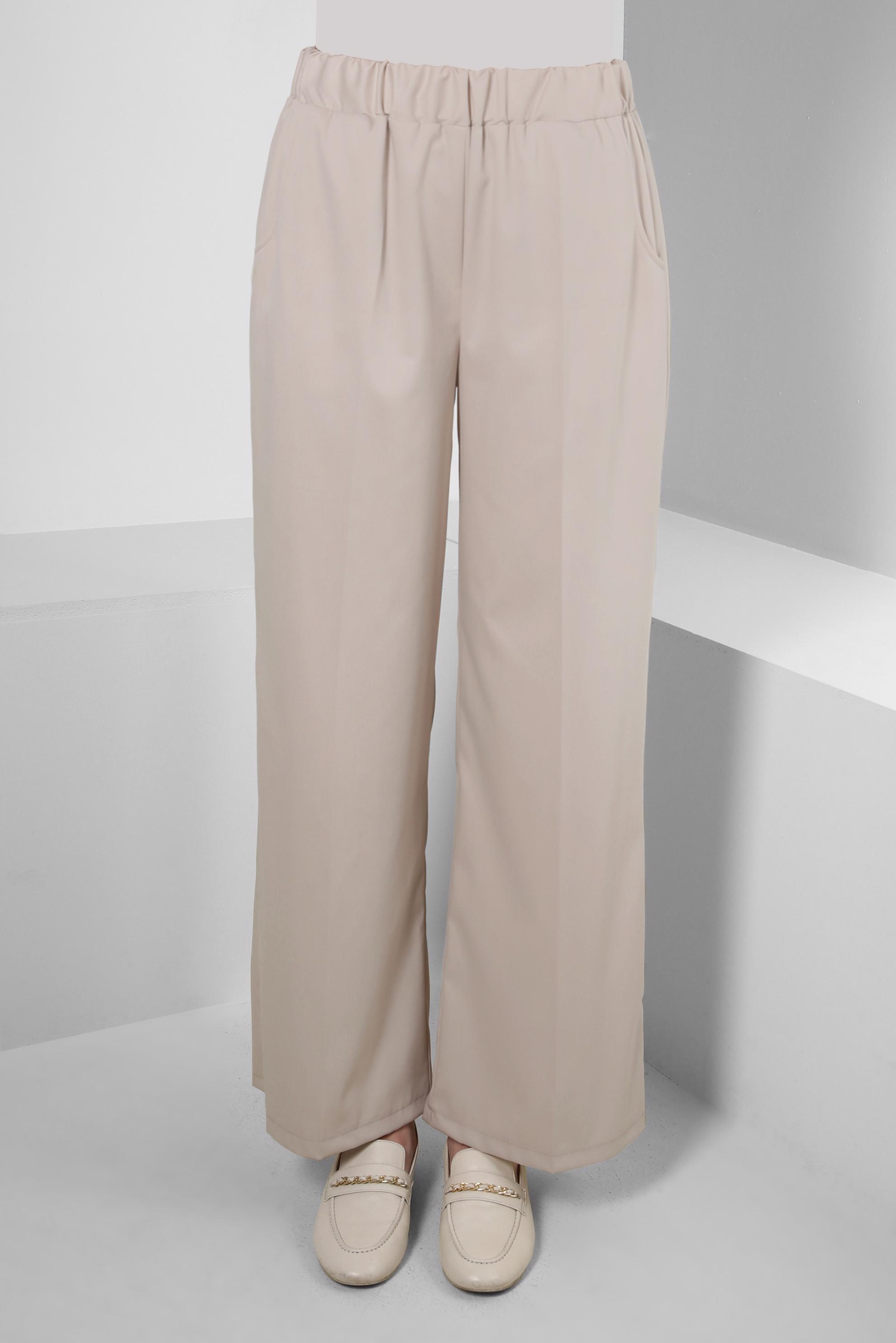 Tesettür giyim BEJ BELİ LASTİKLİ GENİŞ PAÇA PANTOLON 70554
