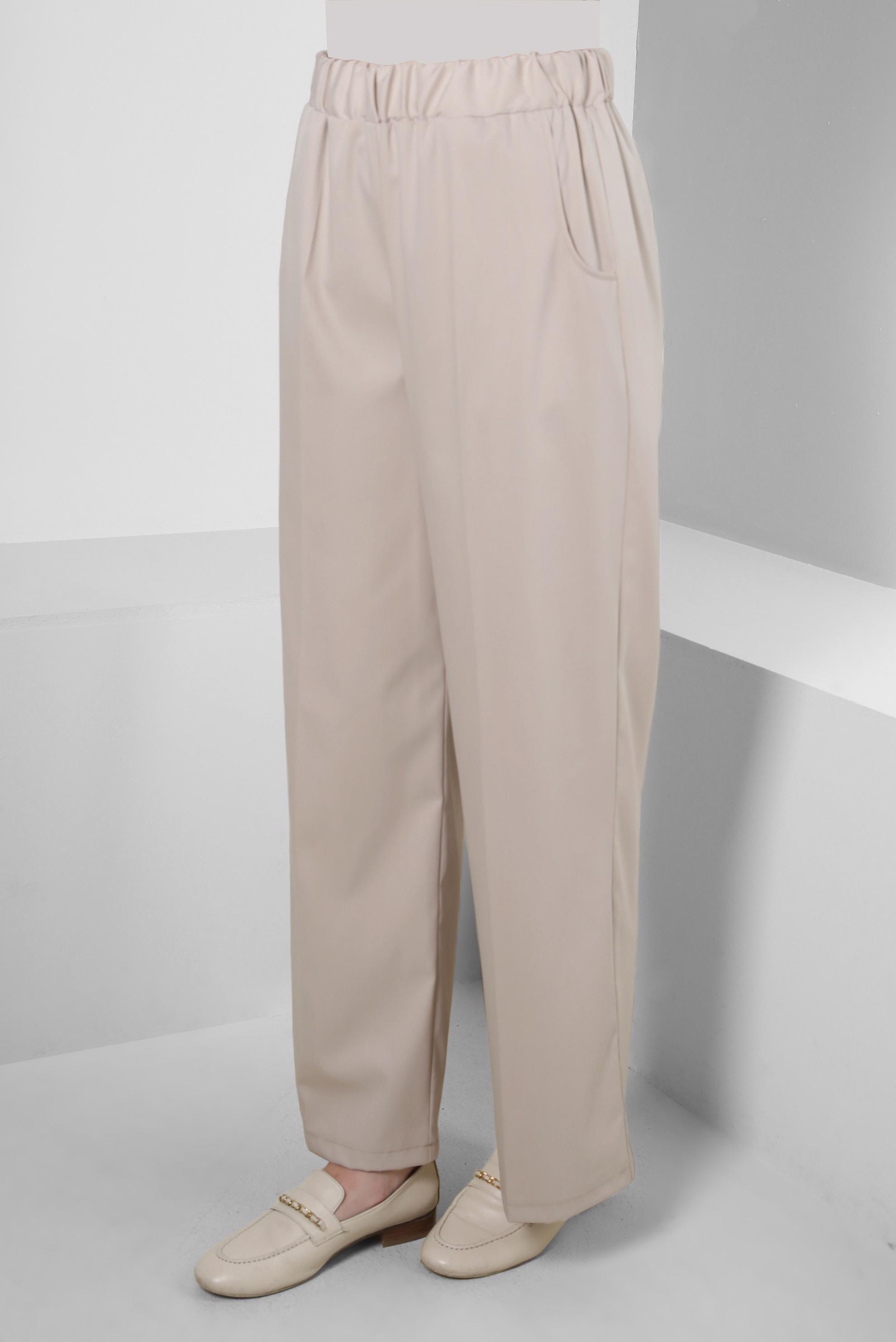 Tesettür giyim BEJ BELİ LASTİKLİ GENİŞ PAÇA PANTOLON 70554