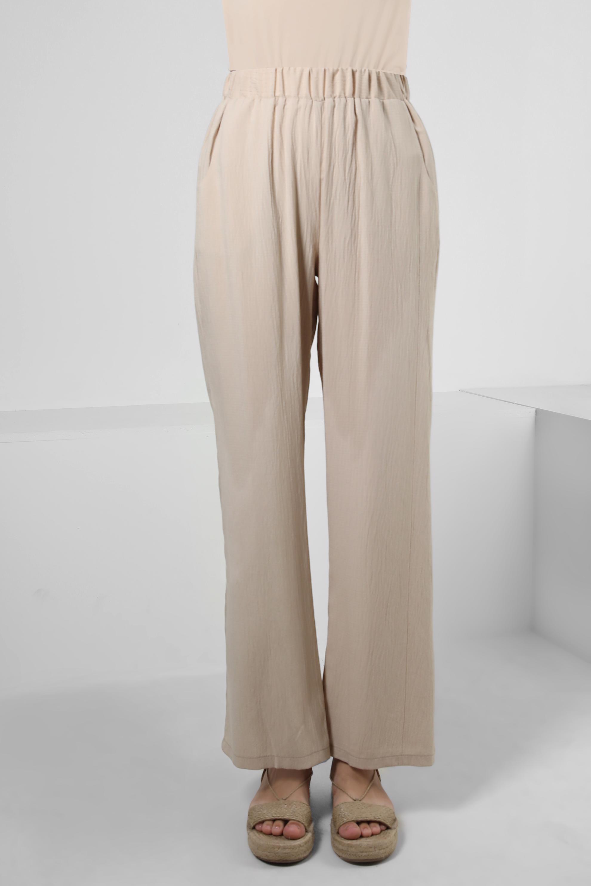 Tesettür giyim BEJ BELİ LASTİKLİ GENİŞ PAÇA PANTOLON 70555