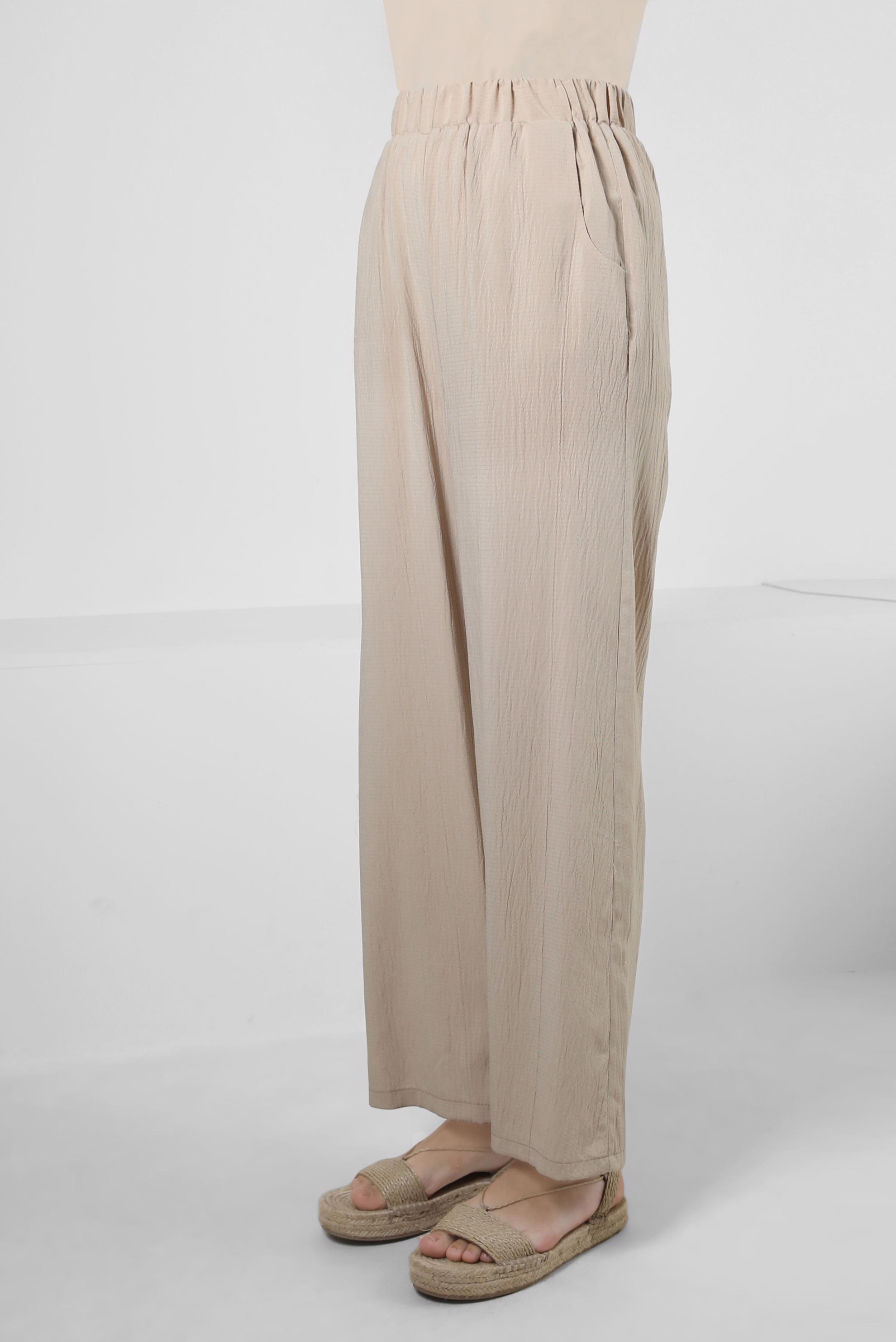 Tesettür giyim BEJ BELİ LASTİKLİ GENİŞ PAÇA PANTOLON 70555