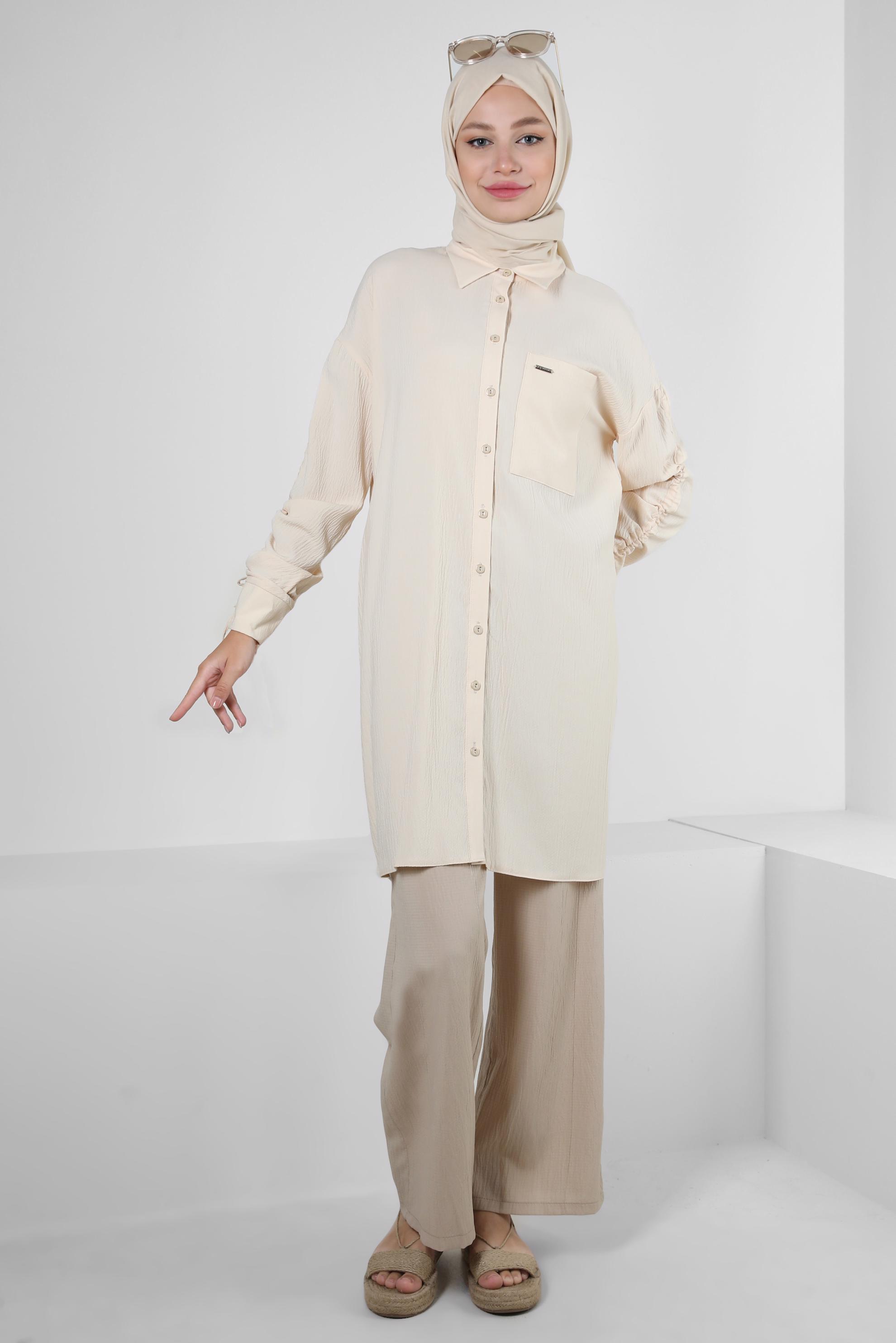 Tesettür giyim BEJ BELİ LASTİKLİ GENİŞ PAÇA PANTOLON 70555