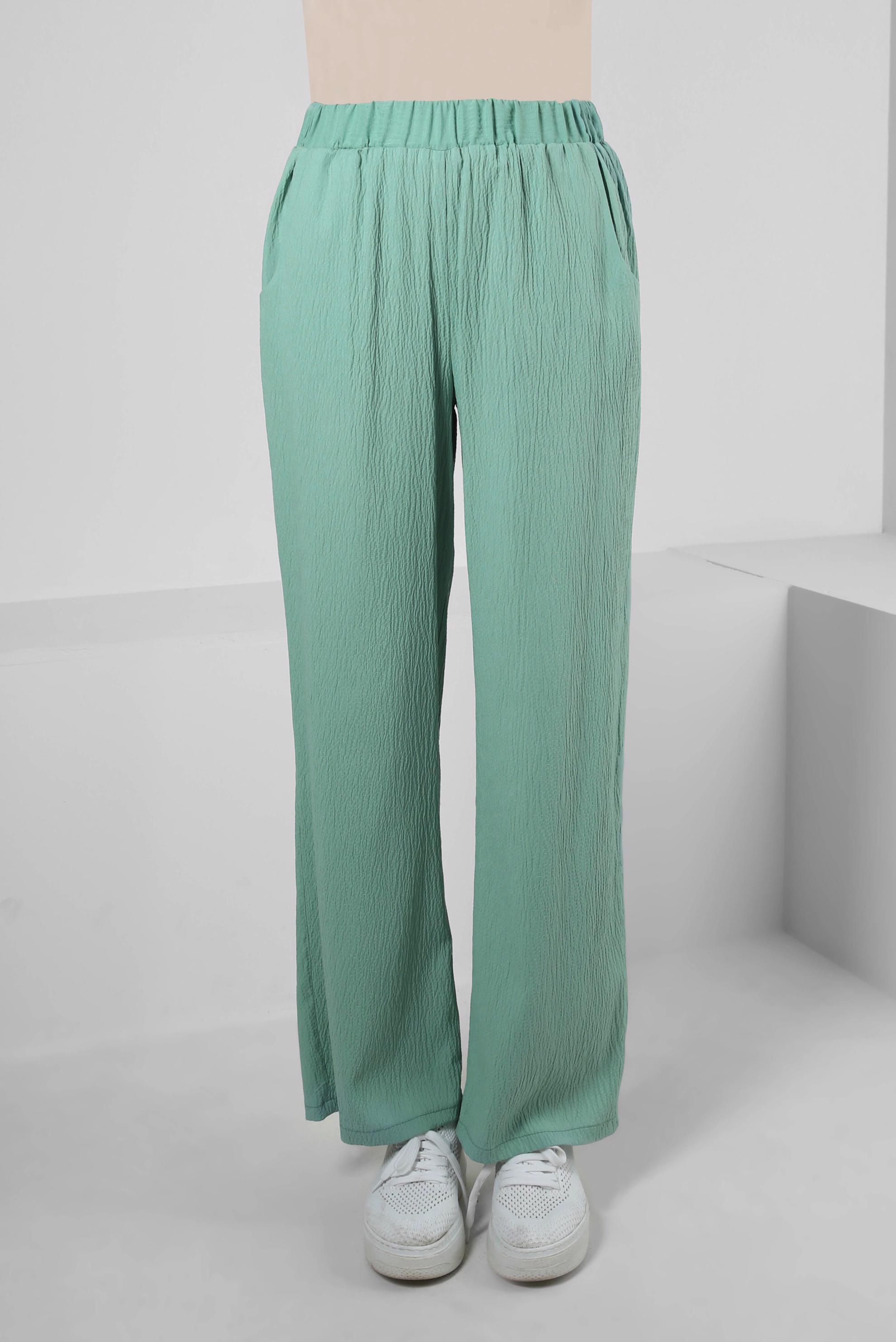 Tesettür giyim YEŞİL BELİ LASTİKLİ GENİŞ PAÇA PANTOLON 70555