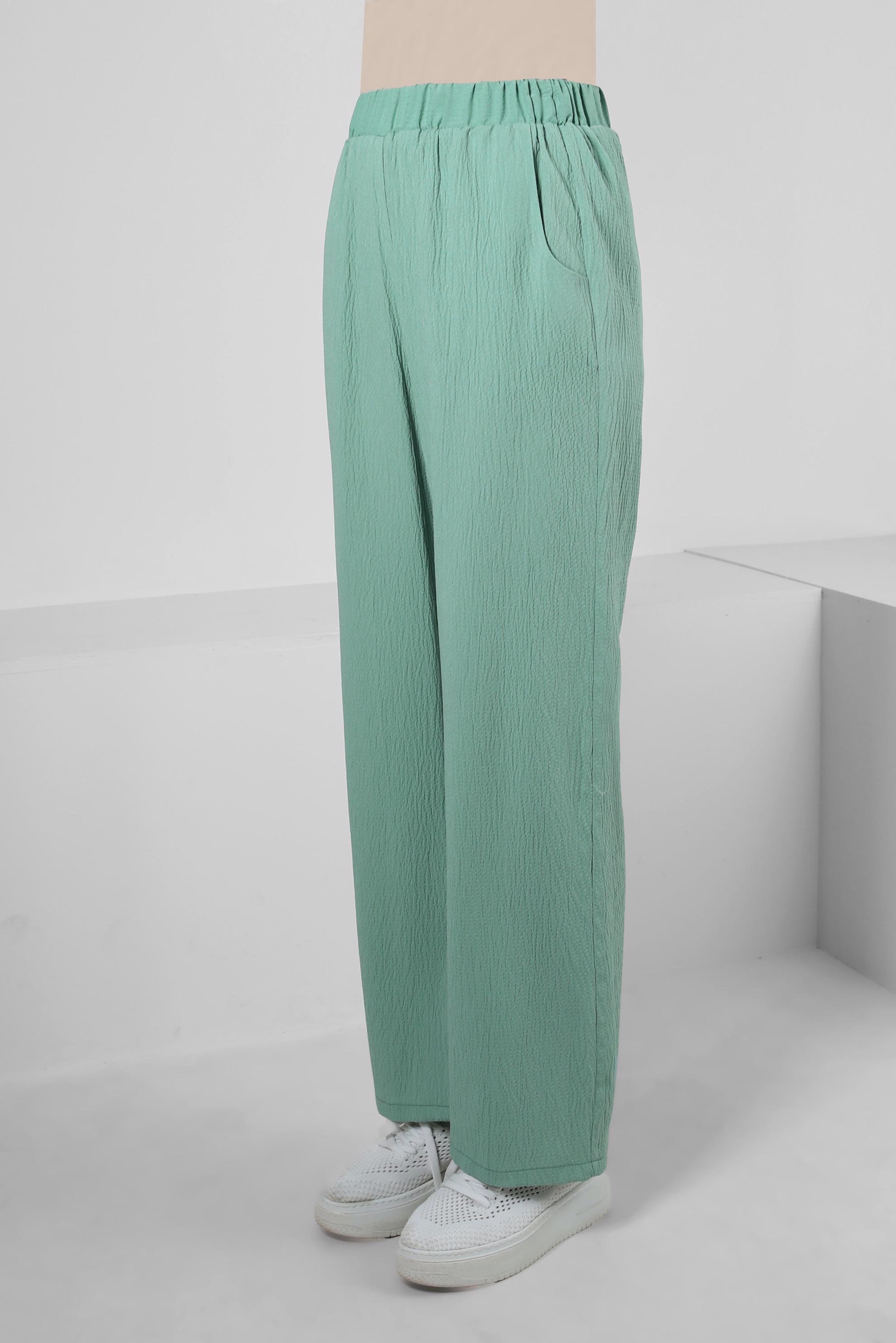 Tesettür giyim YEŞİL BELİ LASTİKLİ GENİŞ PAÇA PANTOLON 70555