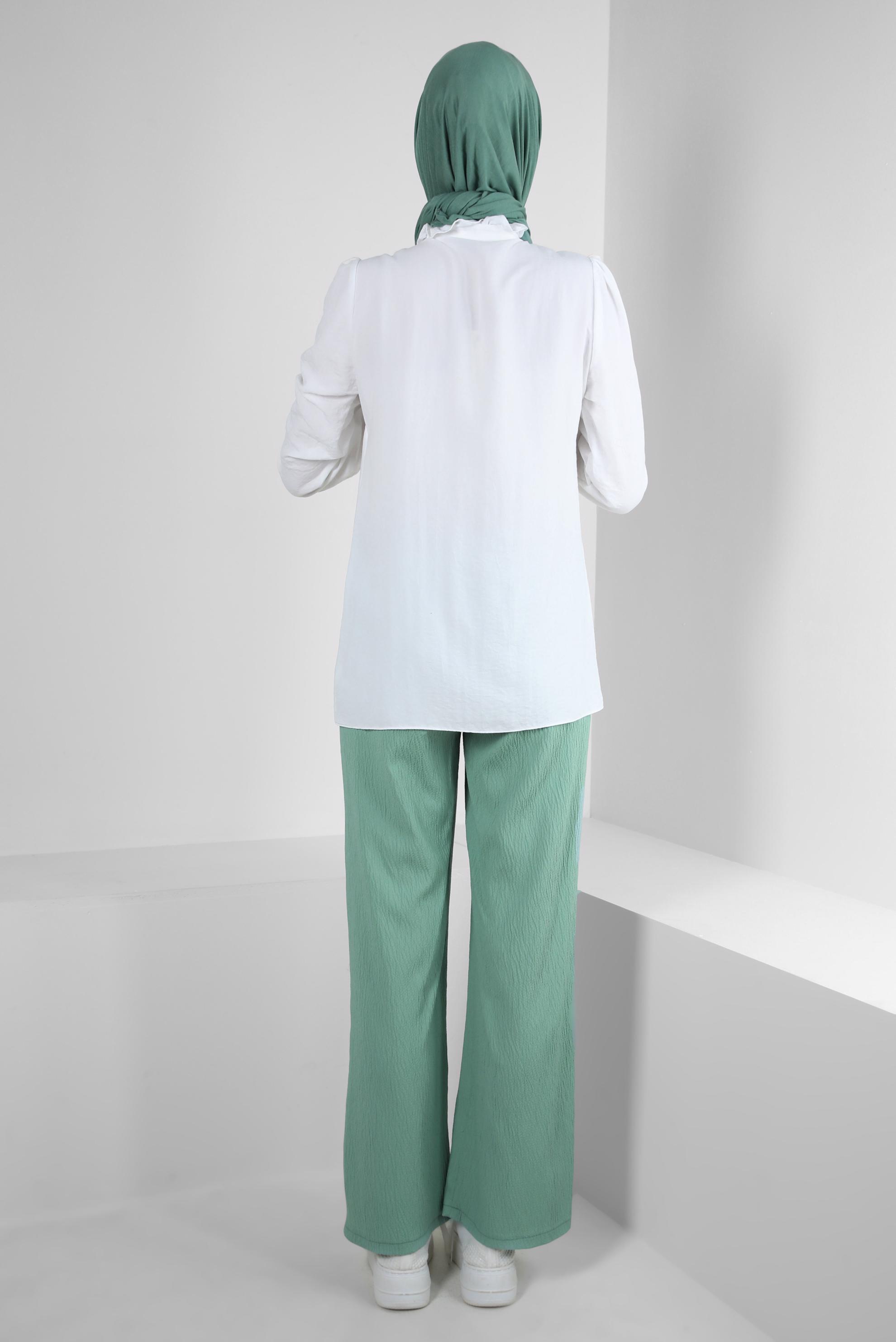 Tesettür giyim YEŞİL BELİ LASTİKLİ GENİŞ PAÇA PANTOLON 70555