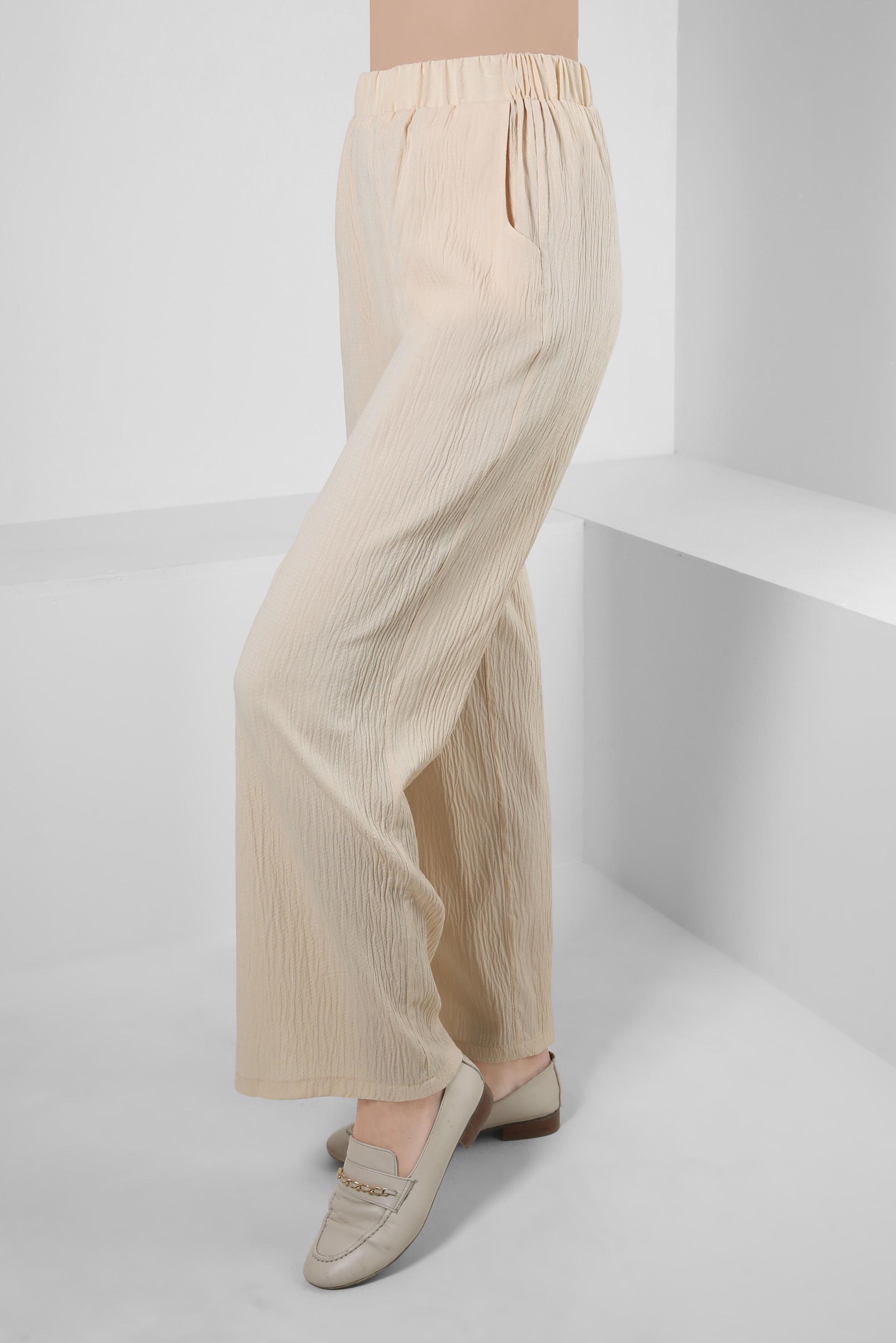 Tesettür giyim EKRU BELİ LASTİKLİ GENİŞ PAÇA PANTOLON 70555