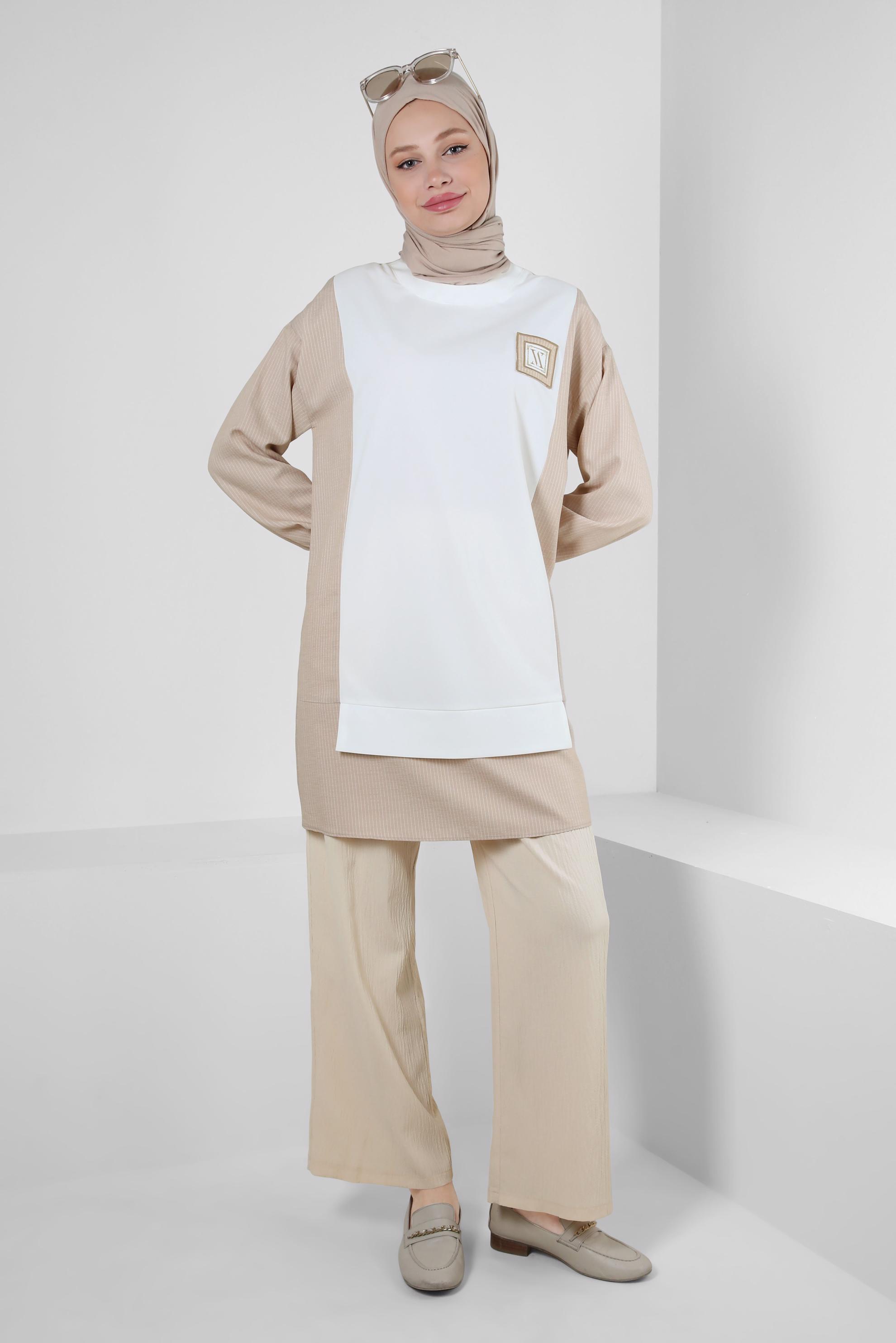 Tesettür giyim EKRU BELİ LASTİKLİ GENİŞ PAÇA PANTOLON 70555