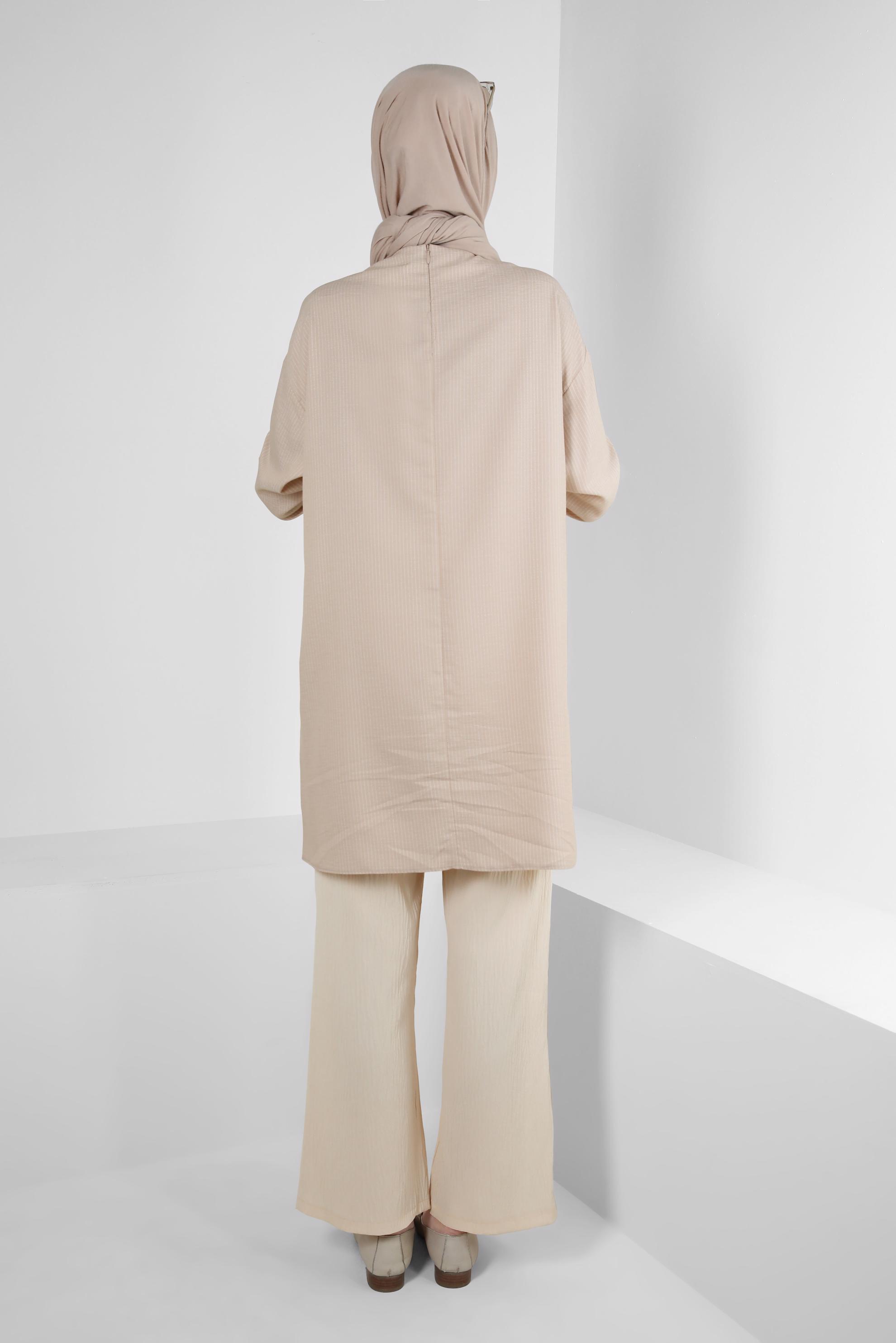 Tesettür giyim EKRU BELİ LASTİKLİ GENİŞ PAÇA PANTOLON 70555