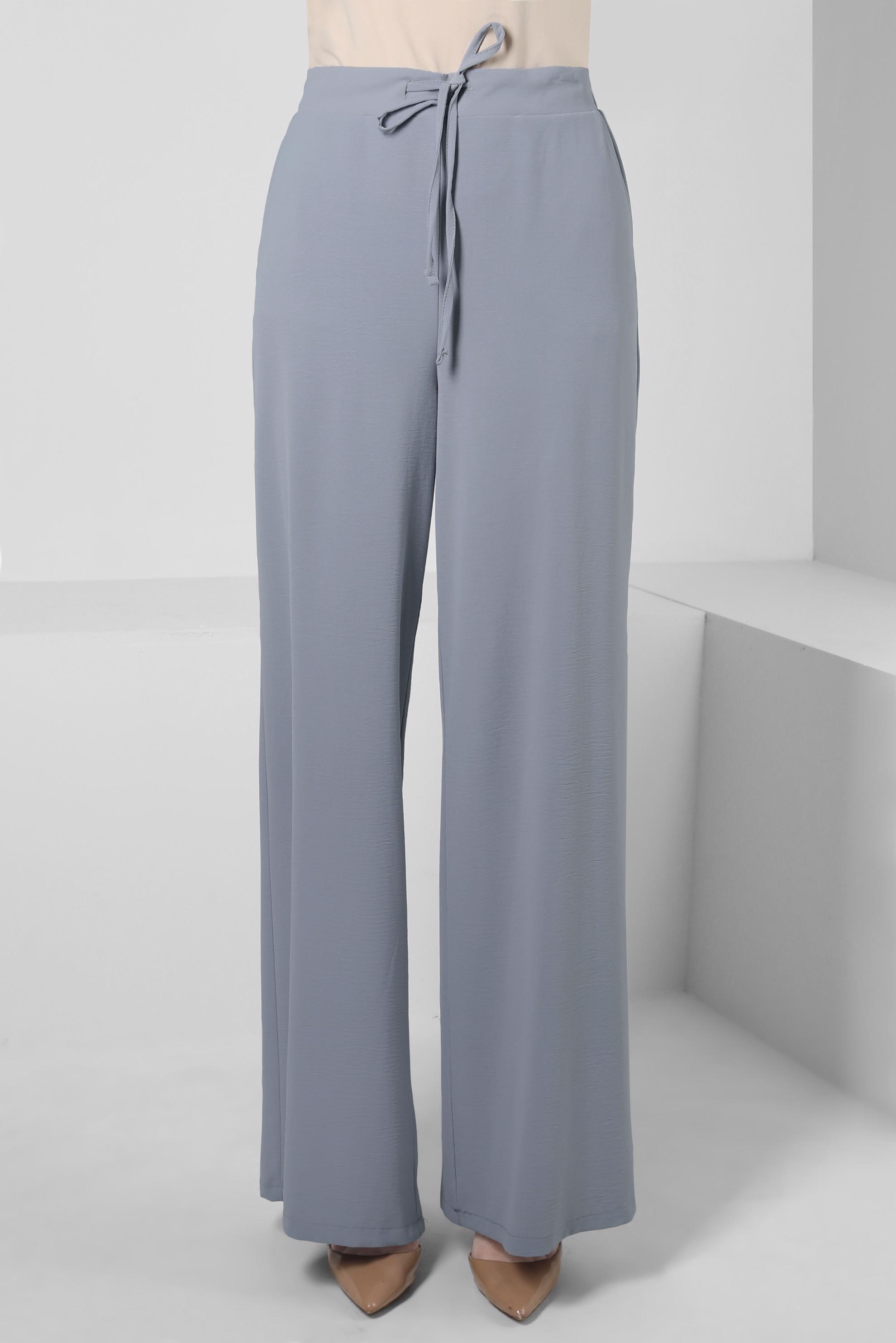 Tesettür giyim GRİ BOL PAÇA BAĞCIK DETAYLI PANTOLON 70556