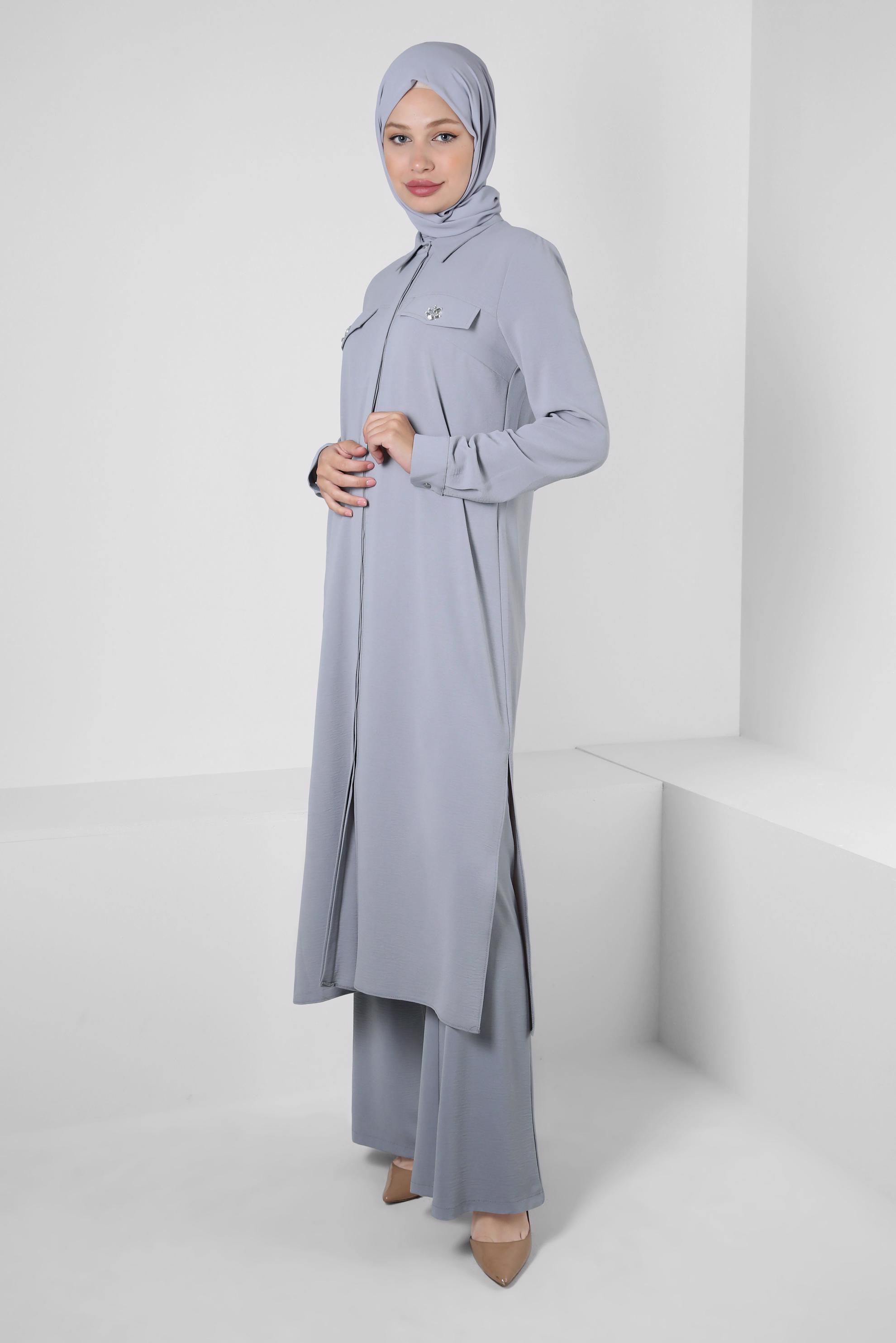 Tesettür giyim GRİ BOL PAÇA BAĞCIK DETAYLI PANTOLON 70556