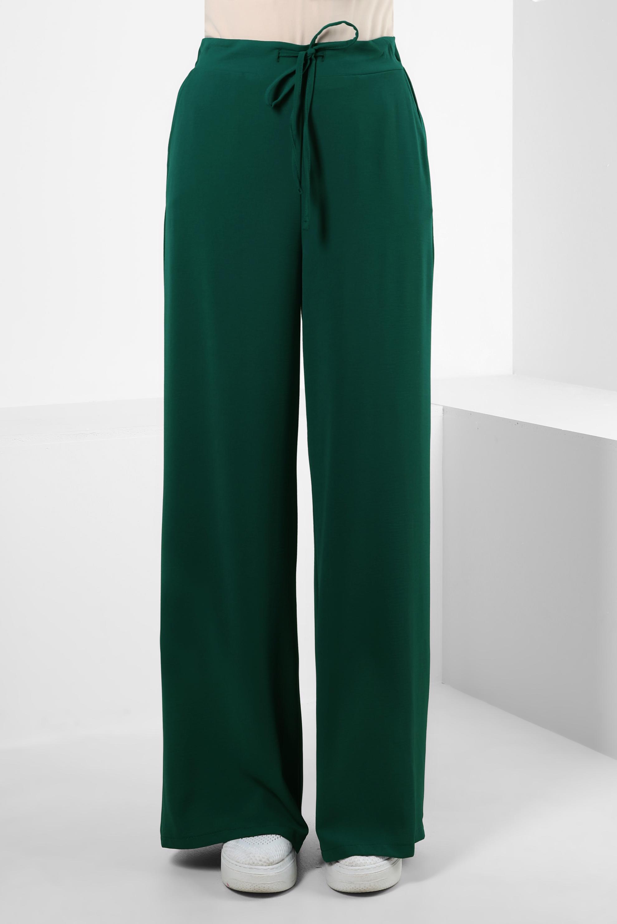 Tesettür giyim YEŞİL BOL PAÇA BAĞCIK DETAYLI PANTOLON 70556