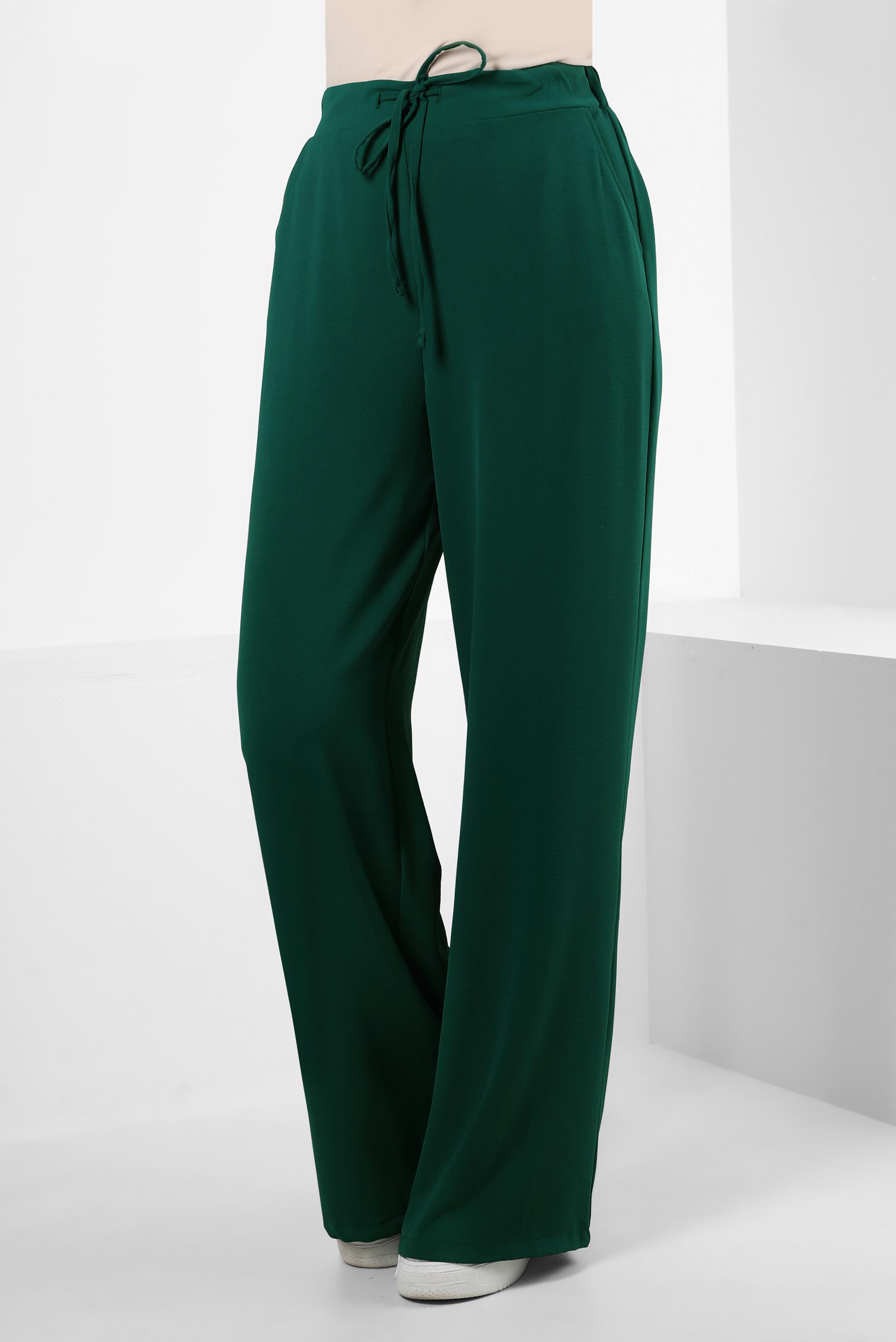 Tesettür giyim YEŞİL BOL PAÇA BAĞCIK DETAYLI PANTOLON 70556