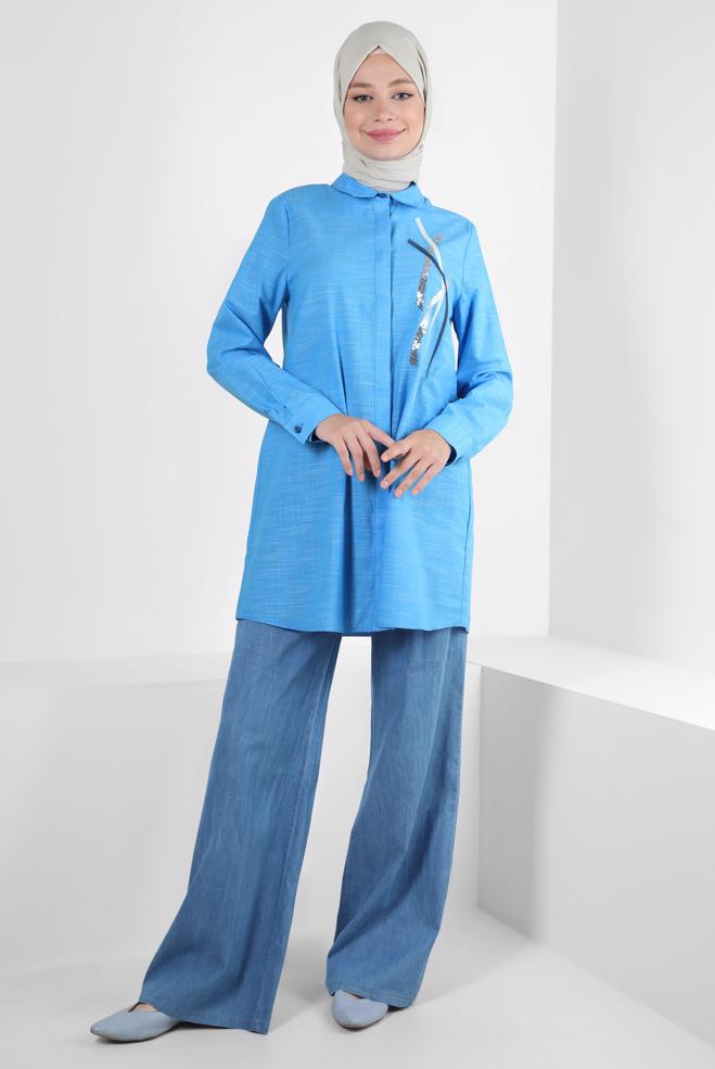 Vêtements hijab BLEU MARINE PANTALON DENIM LARGE AVEC TAILLE ÉLASTIQUE 70562 - ALVİNA