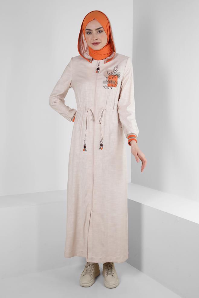 Vêtements hijab BEIGE PARDESSUS À CAPUCHE AVEC DÉTAIL BRODÉ 10701 - ALVİNA