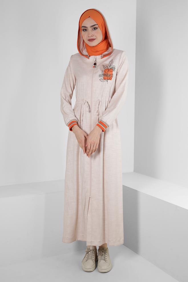Vêtements hijab BEIGE PARDESSUS À CAPUCHE AVEC DÉTAIL BRODÉ 10701 - ALVİNA