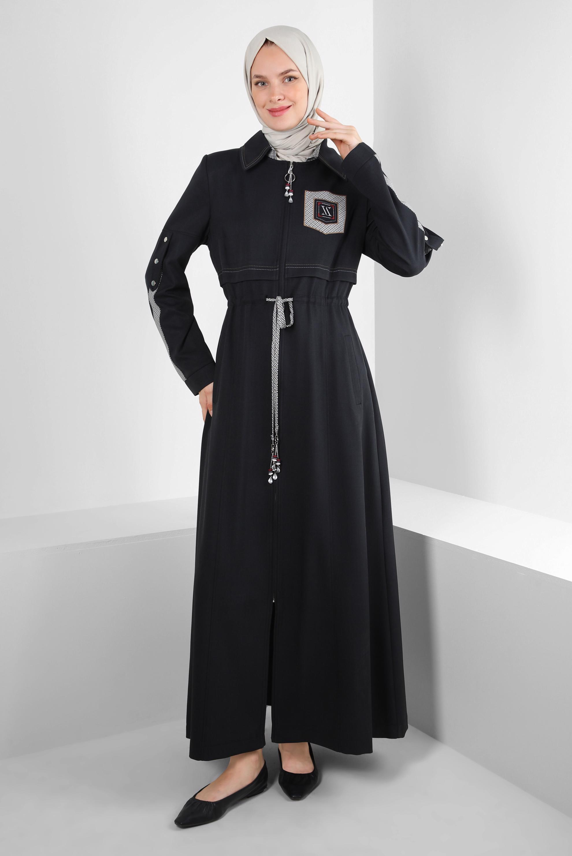 Vêtements hijab NOIR PARDESSUS ZIPPÉ AVEC TAILLE À SMOCK 10702