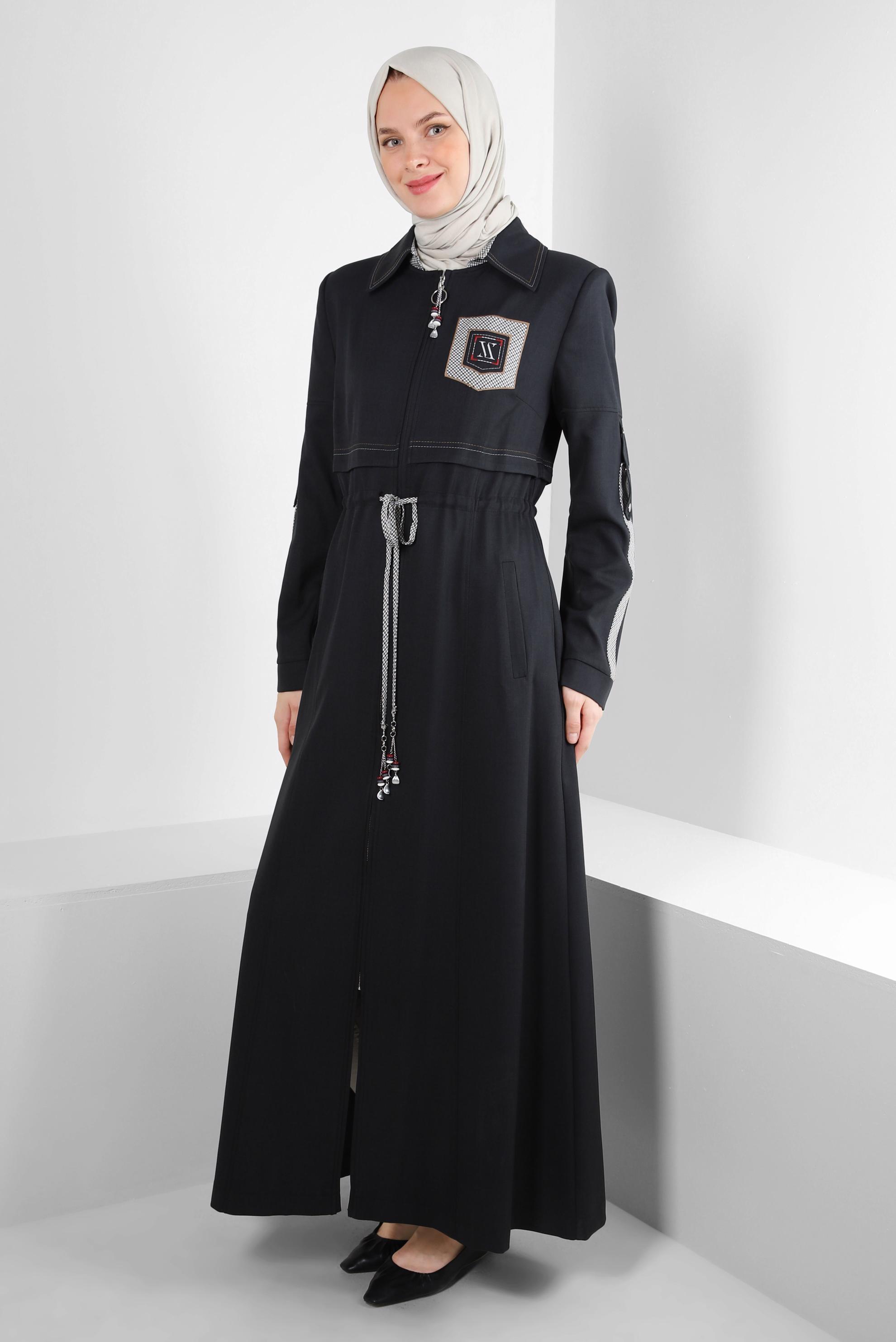 Vêtements hijab NOIR PARDESSUS ZIPPÉ AVEC TAILLE À SMOCK 10702