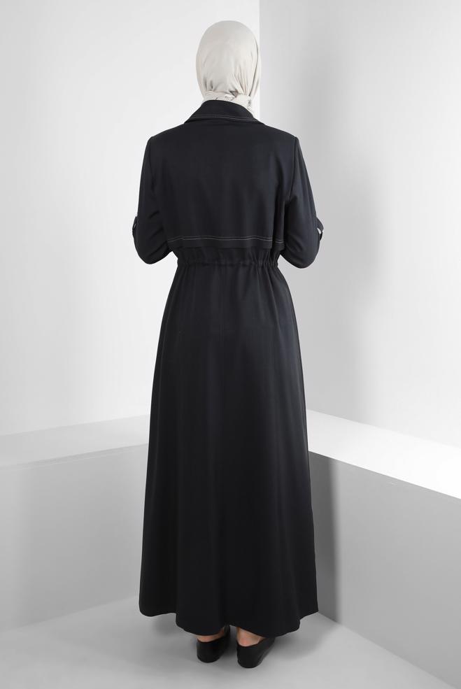 Tesettür giyim SİYAH BELİ BÜZGÜLÜ FERMUARLI PARDESÜ 10702	 - ALVİNA