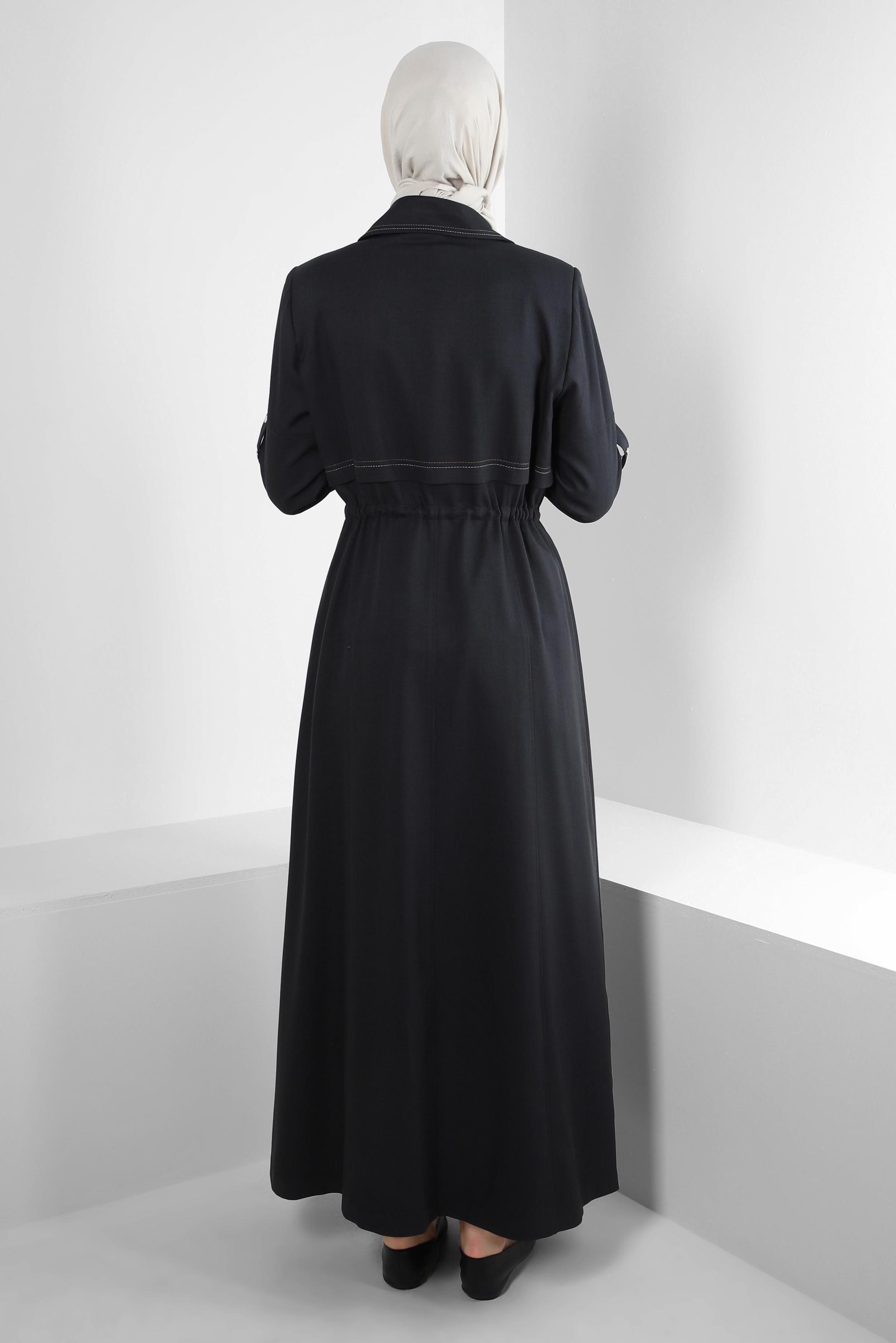 Vêtements hijab NOIR PARDESSUS ZIPPÉ AVEC TAILLE À SMOCK 10702