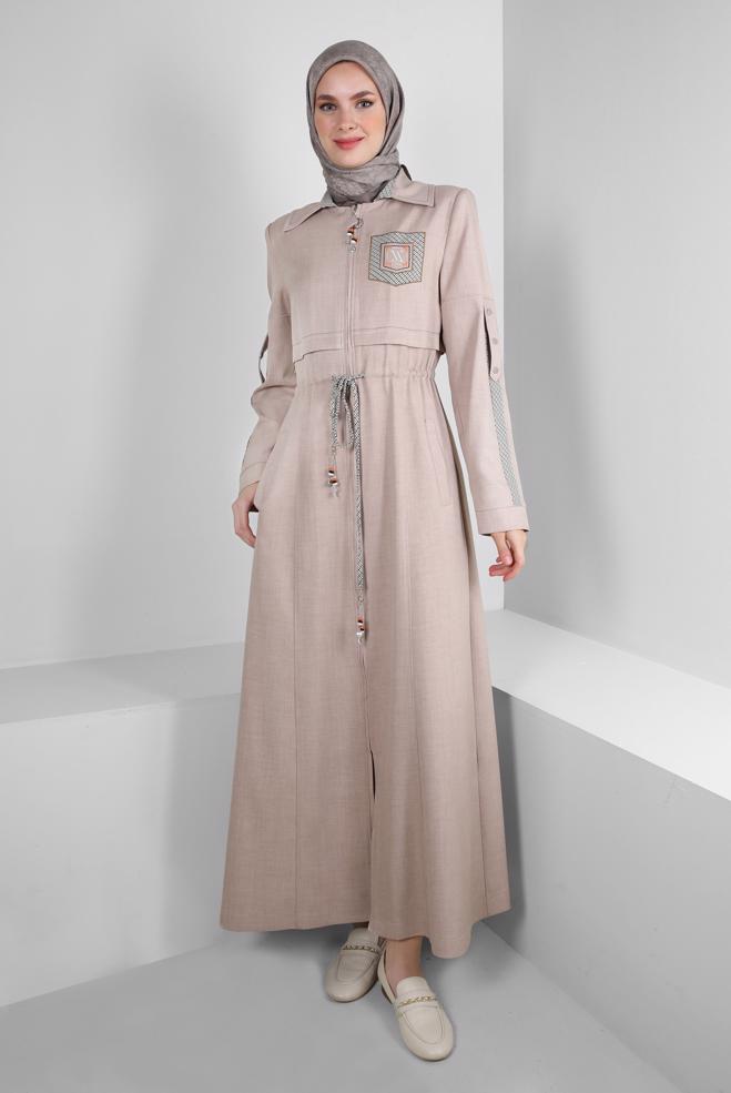 Vêtements hijab BEIGE PARDESSUS ZIPPÉ AVEC TAILLE À SMOCK 10702 - ALVİNA