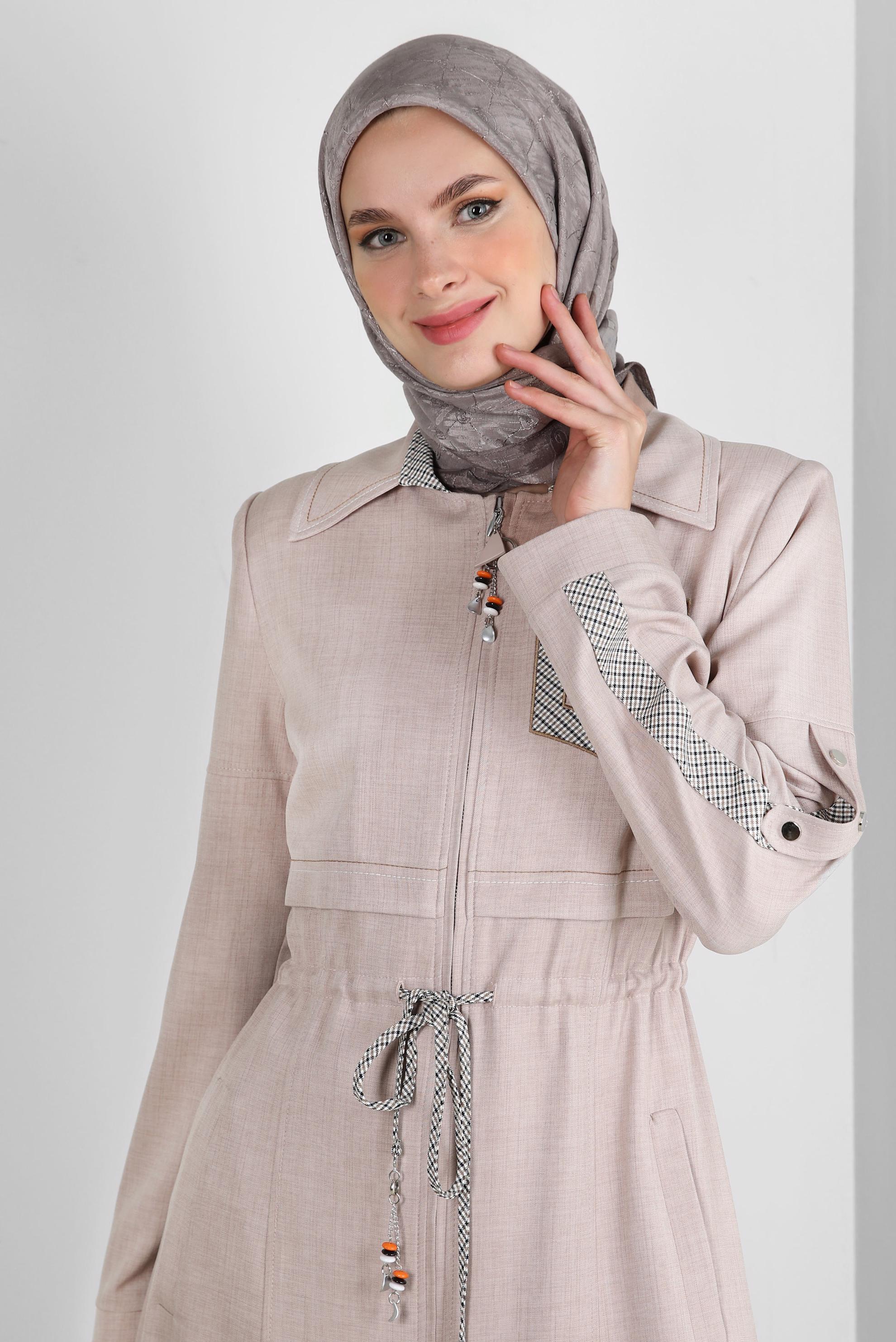 Hijab clothing BEIGE ZIPPERED TOPCOAT WITH SMOCKING WAIST 10702