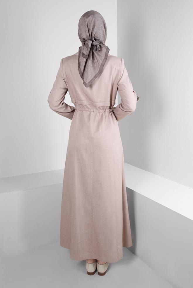 Vêtements hijab BEIGE PARDESSUS ZIPPÉ AVEC TAILLE À SMOCK 10702 - ALVİNA