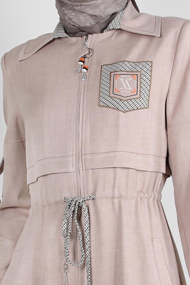 Vêtements hijab BEIGE PARDESSUS ZIPPÉ AVEC TAILLE À SMOCK 10702 - ALVİNA