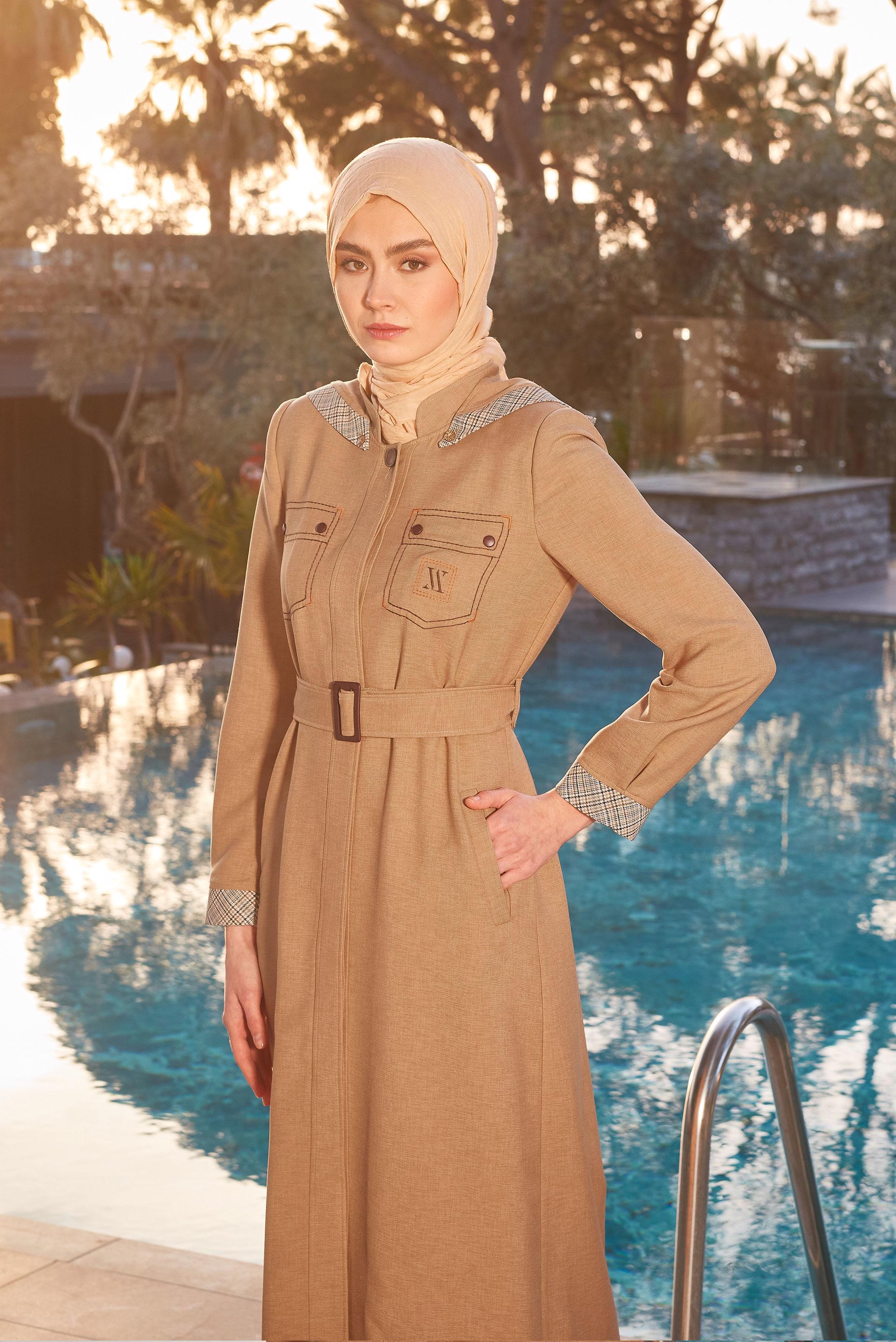 Hijab clothing BEIGE BELTED TOPCOAT WITH WITH DETACHABLE HOOD 10703