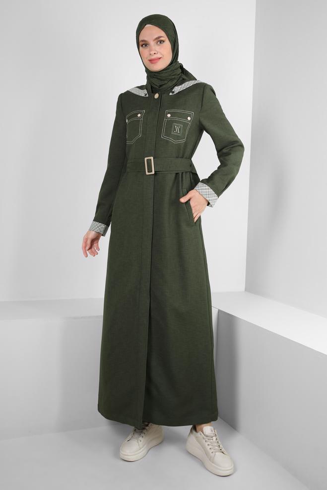 Tesettür giyim HAKİ ÇIKARILABİLİR KAPÜŞONLU KEMERLİ PARDESÜ 10703 - ALVİNA
