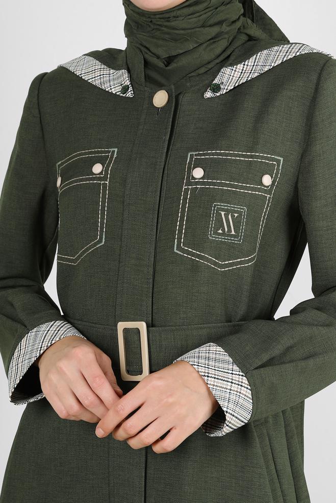 Tesettür giyim HAKİ ÇIKARILABİLİR KAPÜŞONLU KEMERLİ PARDESÜ 10703 - ALVİNA