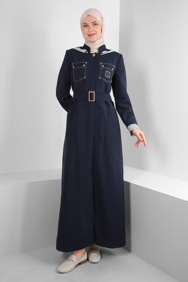 Tesettür giyim LACİVERT ÇIKARILABİLİR KAPÜŞONLU KEMERLİ PARDESÜ 10703 - ALVİNA