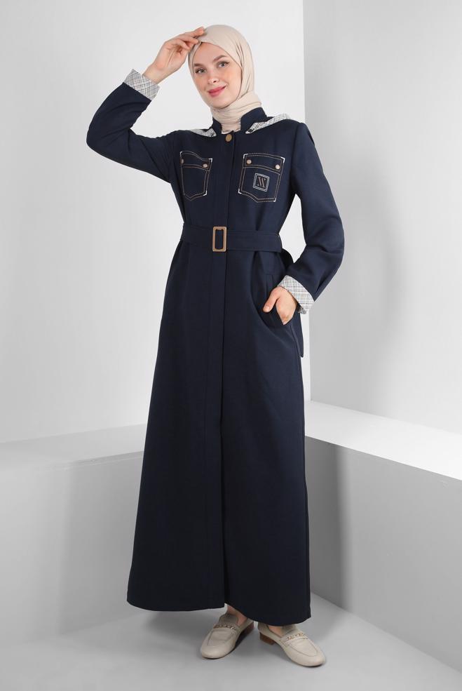 Tesettür giyim LACİVERT ÇIKARILABİLİR KAPÜŞONLU KEMERLİ PARDESÜ 10703 - ALVİNA