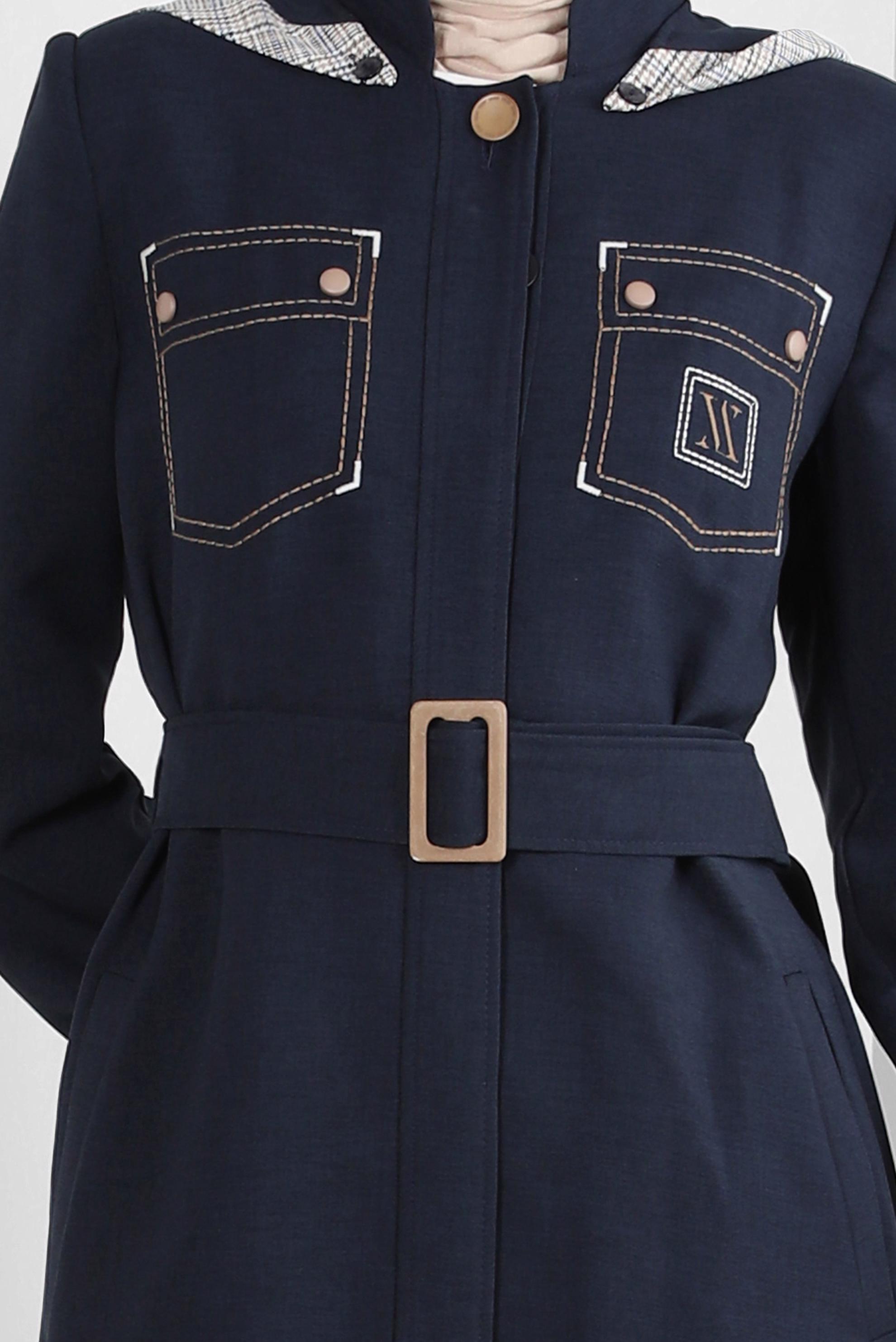 Tesettür giyim LACİVERT ÇIKARILABİLİR KAPÜŞONLU KEMERLİ PARDESÜ 10703